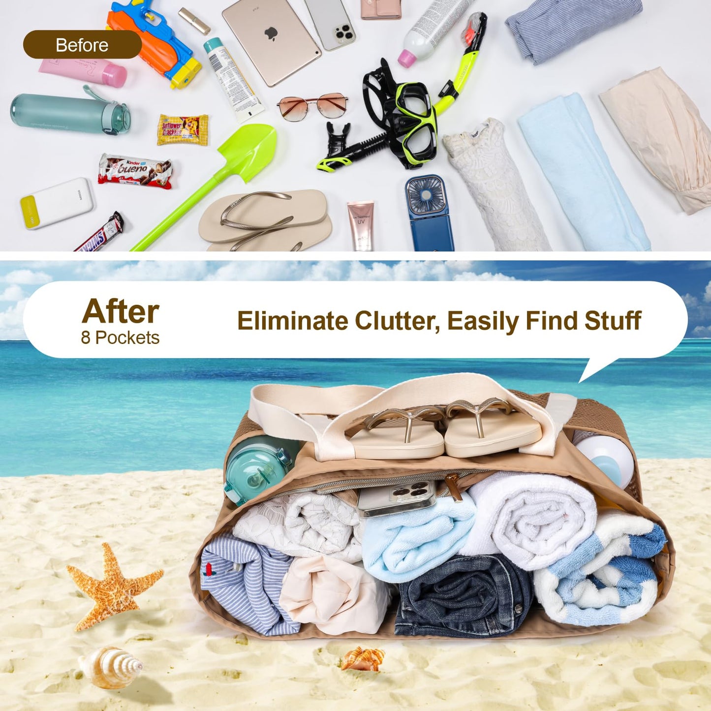 F-color Waterproof Beach Bag for Women - 8 Pockets Foldable Beach Bag Tote with Sandproof Side Mesh Bag, Carry on Tote Bag with Zipper for Travel Pool Swim Cruise Vacation Essentials, Khaki