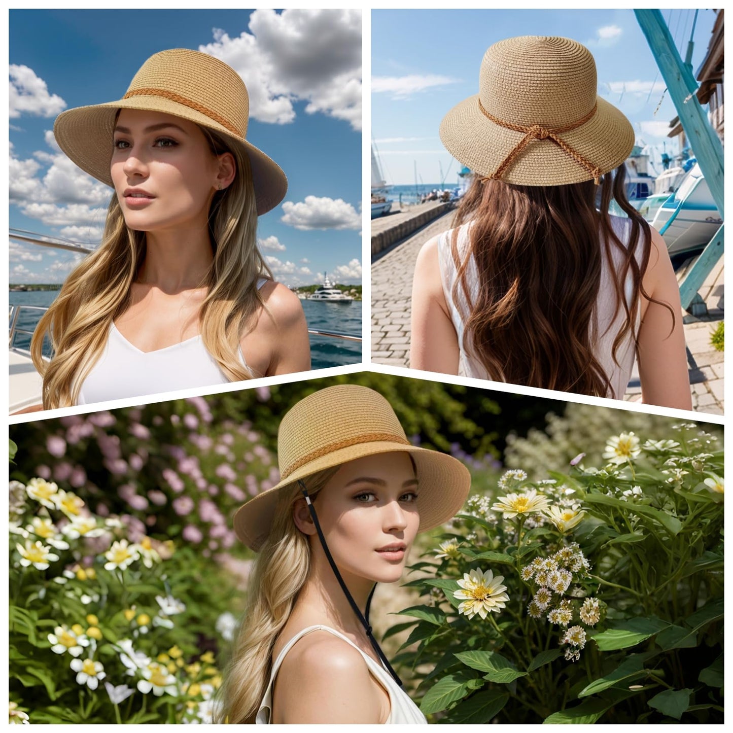 Beach Sun Straw Hats for Women, Summer Sun Protection Foldable Packable Wide Brim Hat,Khaki