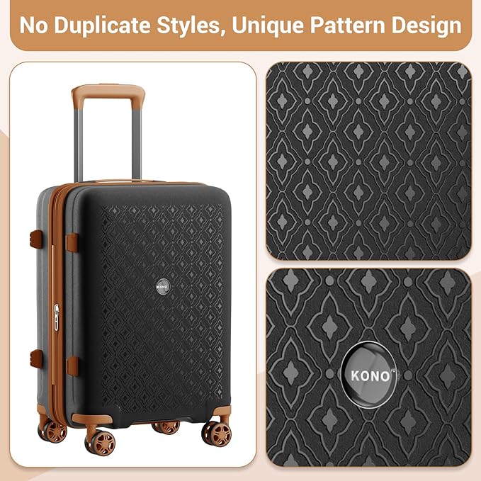 Kono Expandable 24 Inch Hard Shell Travel Luggage, Large capacity for easy travel, Hidden Cup Holder & TSA Lock Lightweight Suitcase - Black/Brown