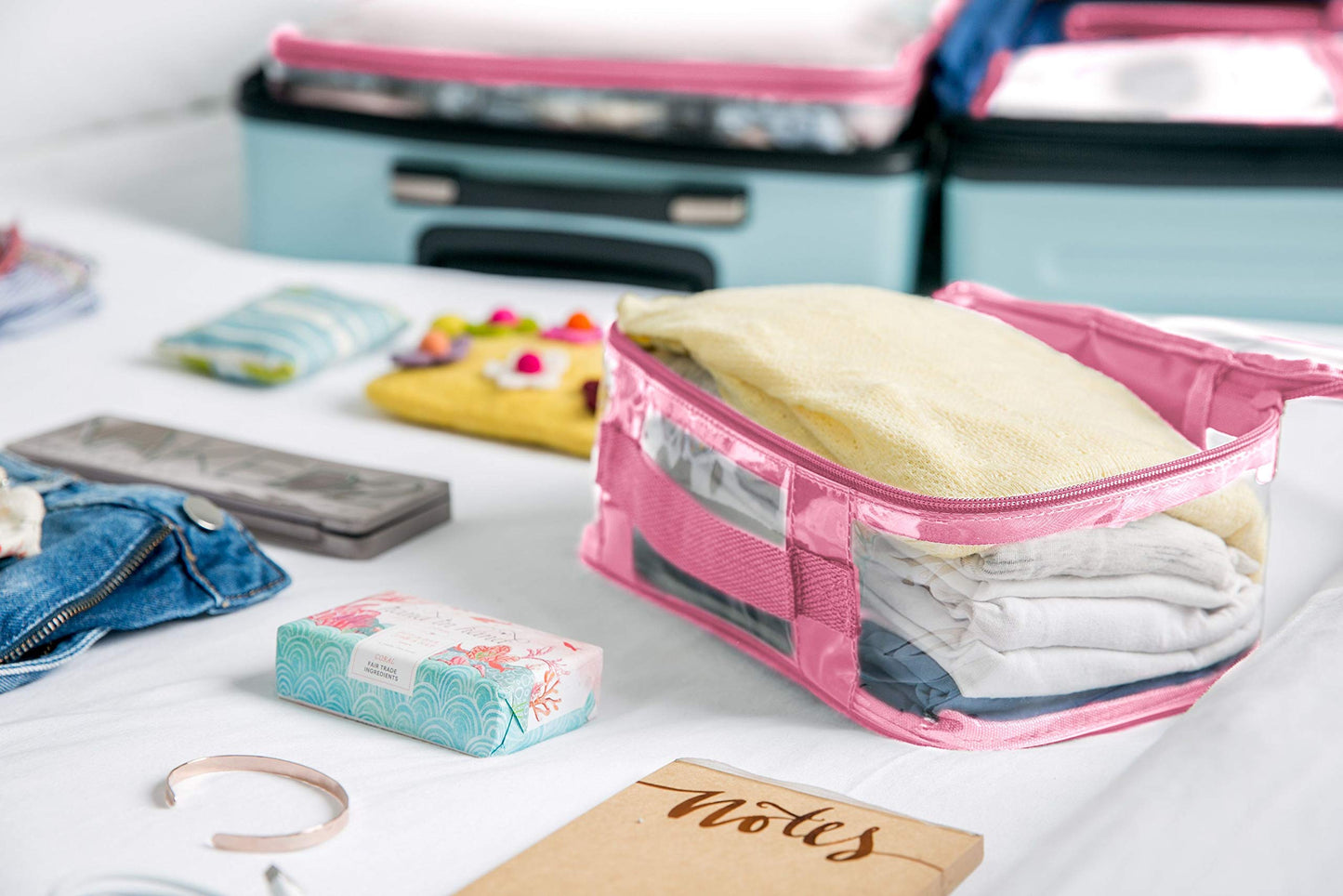 Small Clear Travel Packing Cube/See Through PVC Plastic Pouch for Carry On Suitcase, Backpack or Diaper Bag/Transparent Multipurpose Accessories, Makeup & Underwear Organizer w/Handle (Rose)