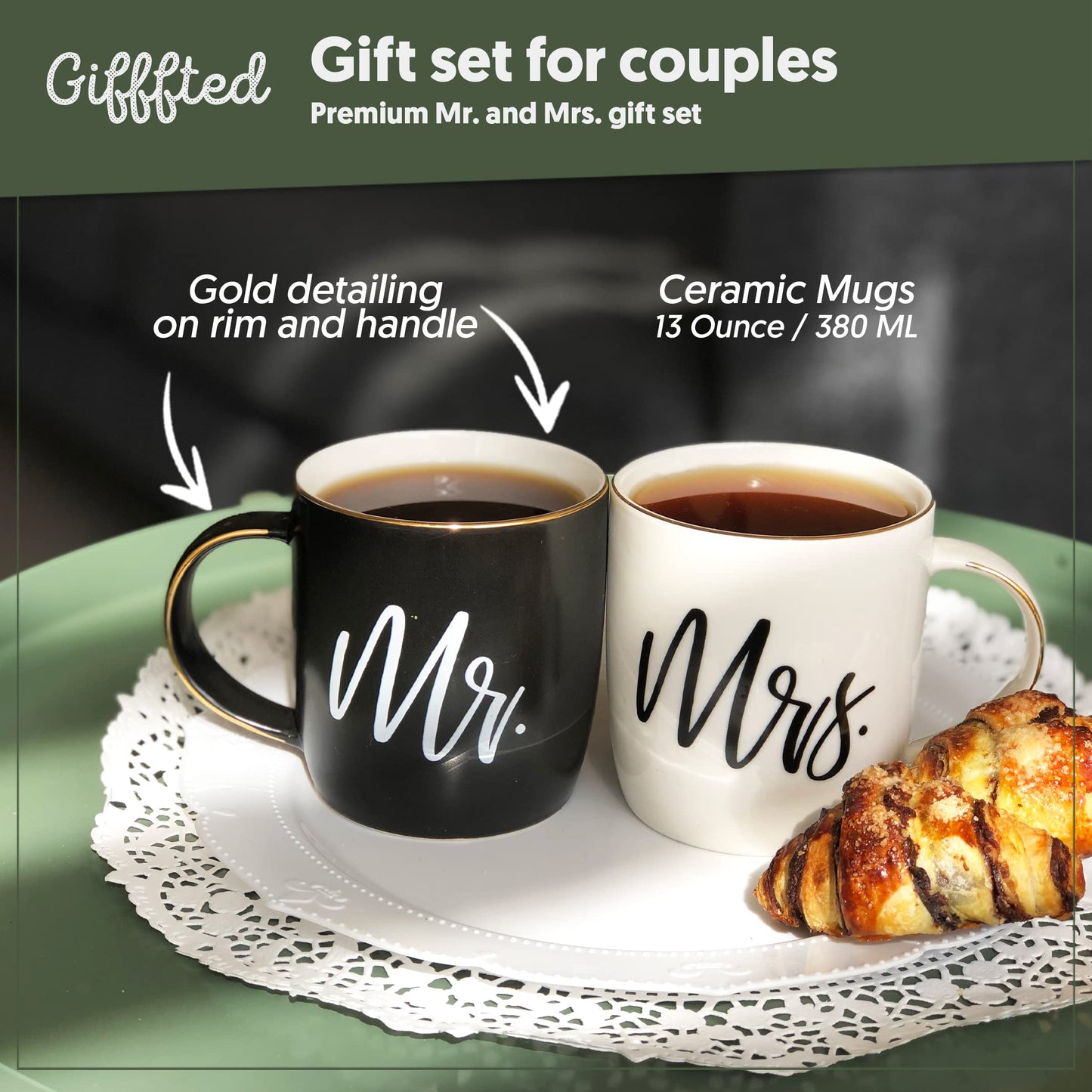 Triple Gifffted Mr and Mrs Coffee Mugs Couples Gifts Ideas for Christmas Wedding Anniversary Engagement Valentines,his Hers Present Husband Wife Him Her Men Women Bride Groom Newlyweds, Ceramic 380ml