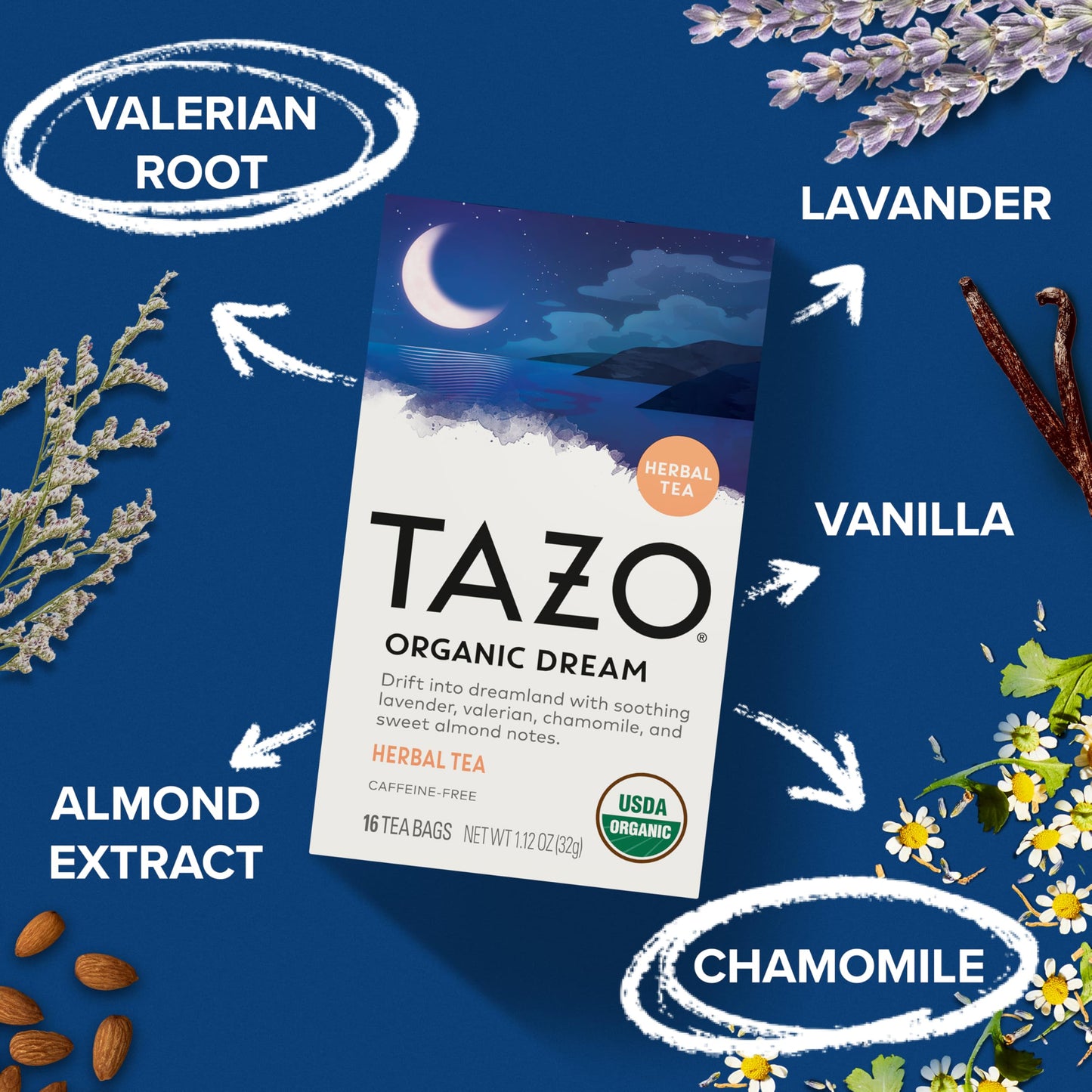 TAZO Organic DREAM Herbal Tea Bags, Caffeine-Free Bedtime Tea, Relaxing Chamomile and Lavender Blend, 16 Total Tea Bags