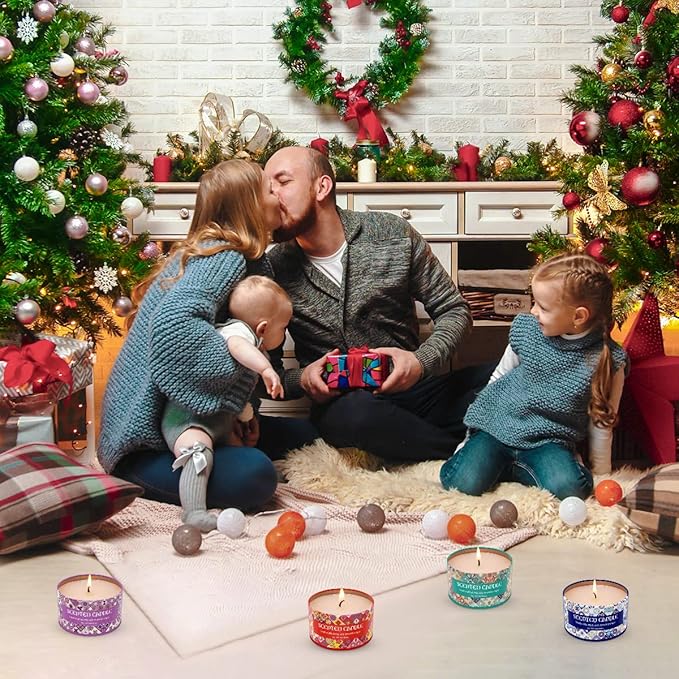 Set of 4 Lavender&Juniper, Fig, Clove and Cherry Scented Candles Gift Set for Christmas Women, Small 4.4oz Decorative Natural Soy Wax Aromatherapy Candles with Lids in Flower Tins for Home Decoration