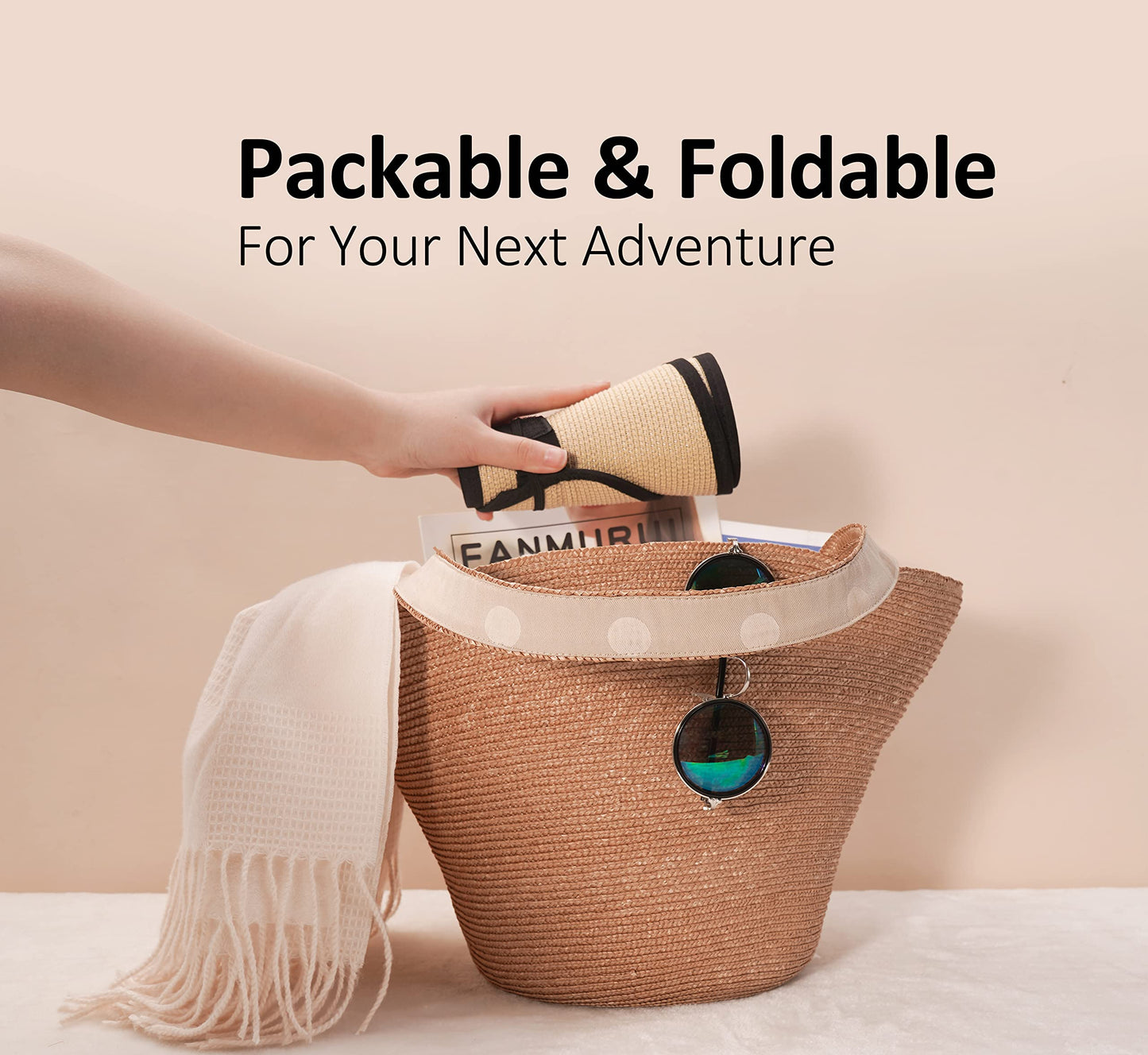 Joywant Womens Sun Visor Hats, Packable Wide Brim Ponytail Beach Hat Straw Visor Summer Beach Vacation Essentials for Womens Beige