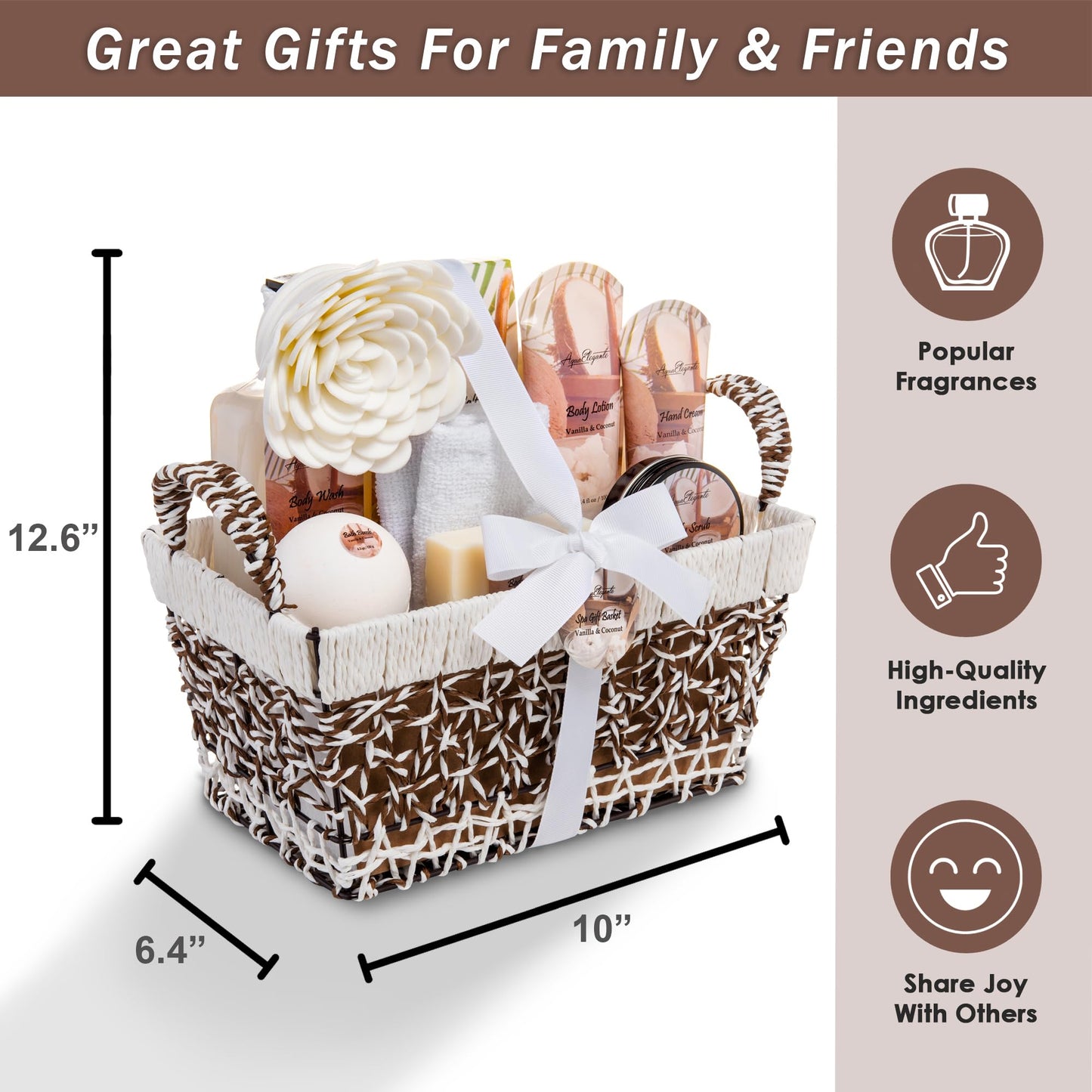 Spa Baskets For Women - Luxury Bath Set With Coconut & Vanilla - Spa Kit Includes Wash, Bubble Bath, Lotion, Bath Salts, Body Scrub, Hand Cream, Shower Puff, Bathbombs, Soap and Towel