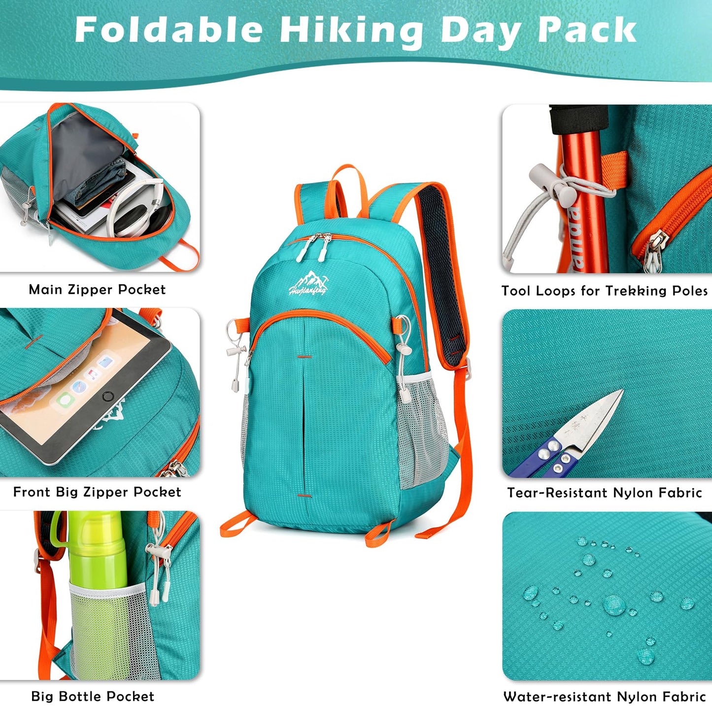 BiYiYun 20L Small Hiking Backpack for Men Women, Lightweight Foldable Daypack Water-resistant Travel Camping Packable Backpack (Green)