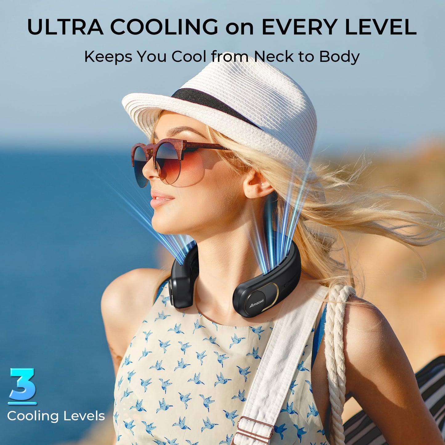 AMACOOL Portable Air Conditioner Portable Neck Fan, 3-Speed Hands Free, 5000mAh Rechargeable Battery Bladeless USB Fan, Long Lasting with LED Screen Cooling for Gift Working Travel Indoors & Outdoors