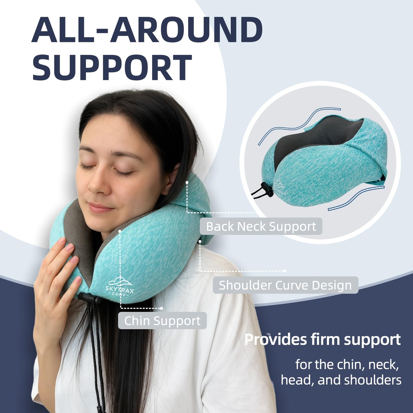 Travel Pillow with Extra Large Hood for Airplane Long Flights Privacy and Comfort Memory Foam with Skin-Friendly Cover for Road Trip Head&Neck Support for Plane Office Cars Sleeping & Rest (Mint Blue)