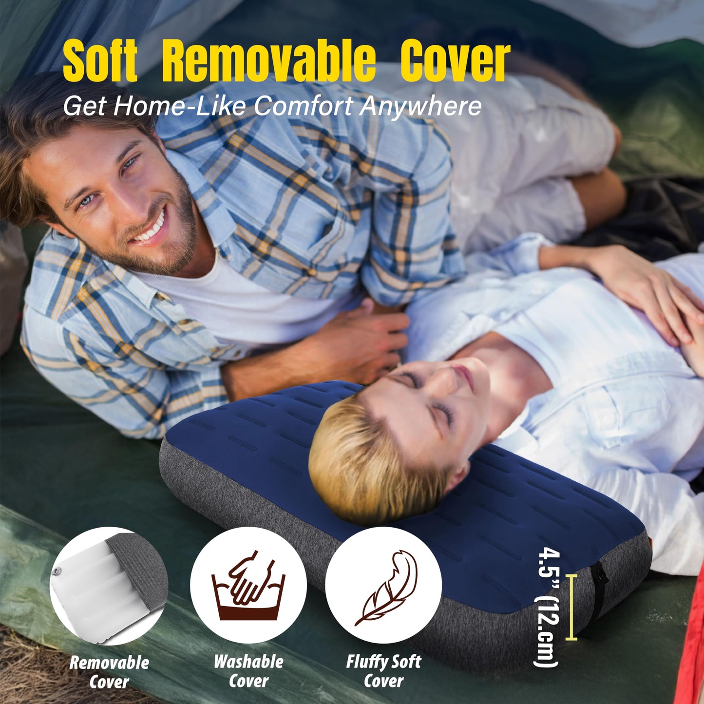 TREKOLOGY Camping Pillow - Large Inflatable (24"x15") for Home-Like Comfort, Portable & Ergonomic, Easy to Clean, Durable & Leak-Proof, Removable Strap for Secure Fit – ALUFT Ultra (Blue)