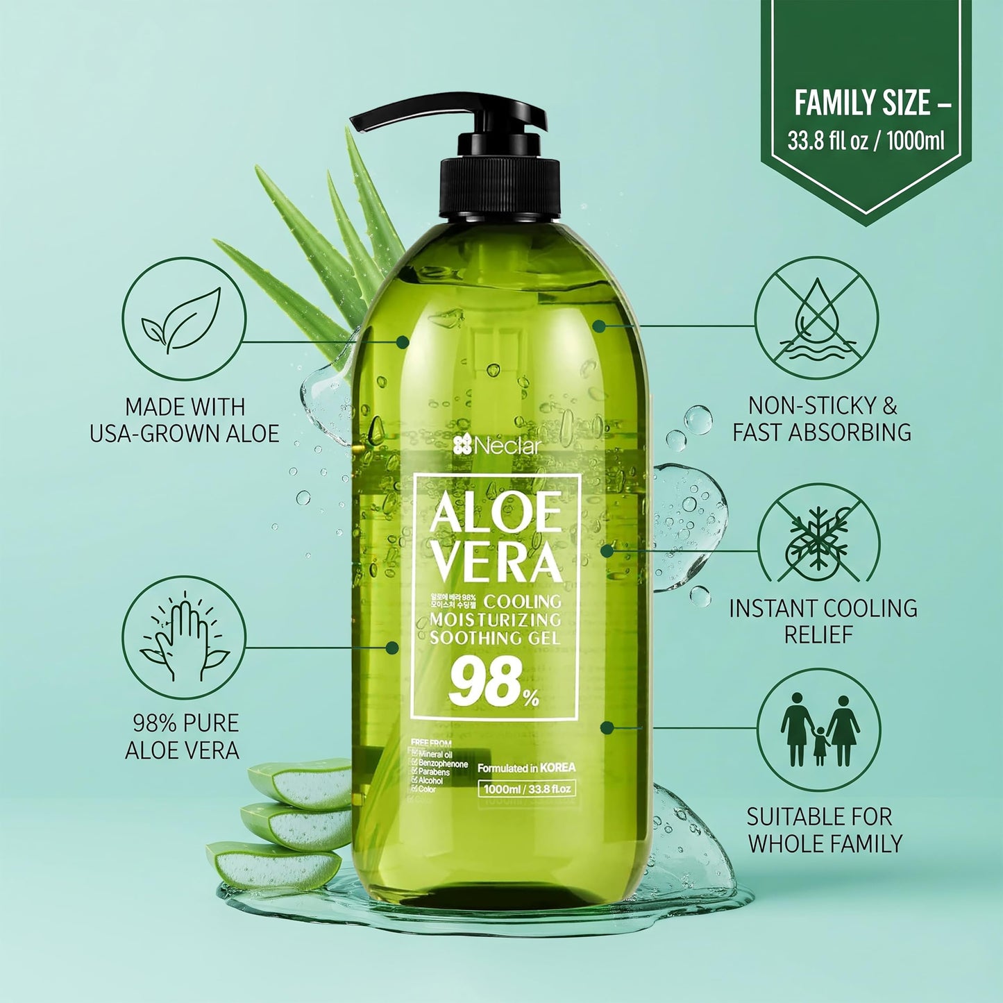 Neclar 98% Aloe Vera Gel for Sunburn Relief - 33.8oz / 1000ml - From 100% Pure Aloe Vera - For Face, Skin and Hair - After Sun Care lotion - Sun Burn Moisturizer Cream (33.8 Fl oz)