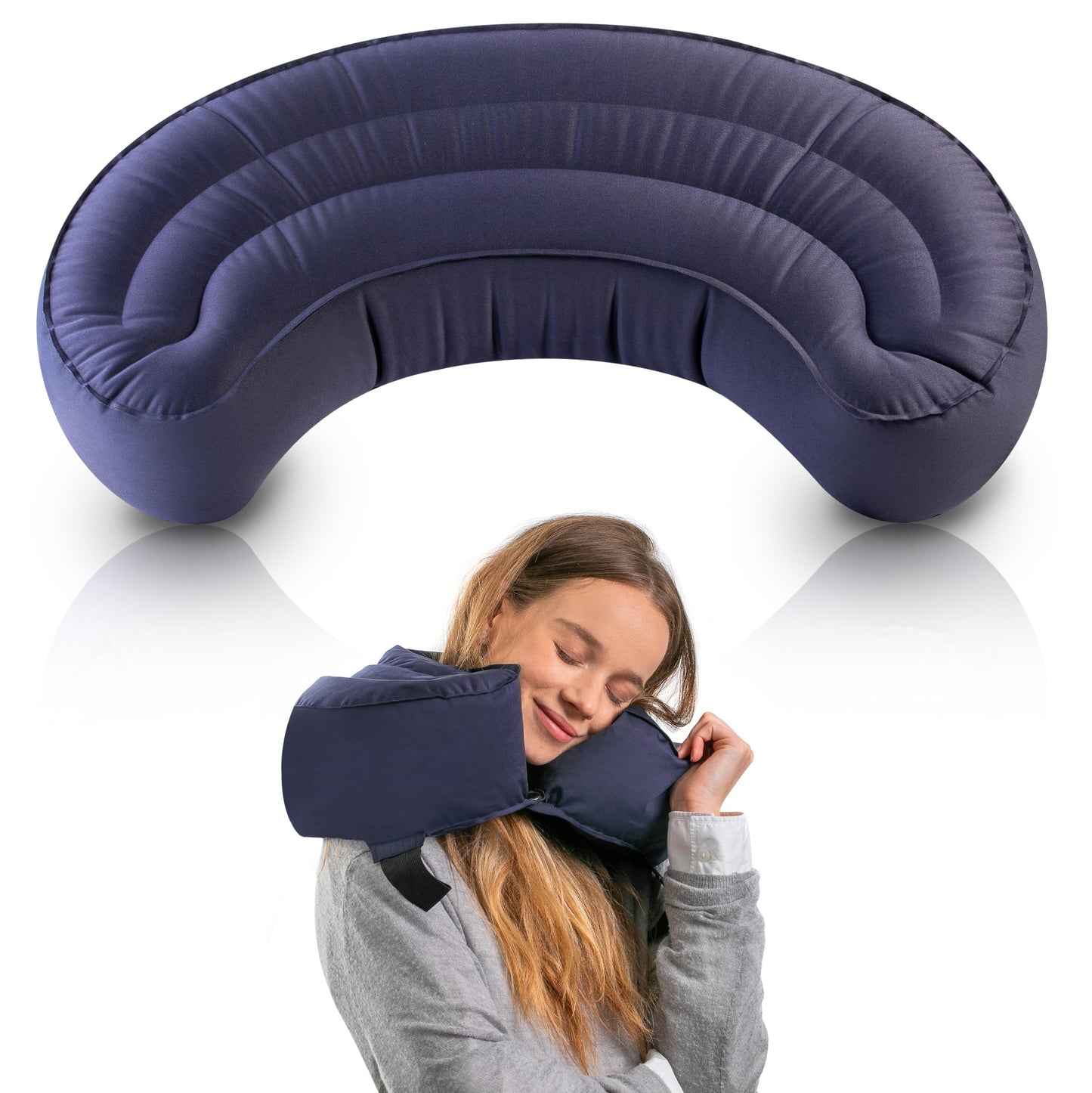 Air Bow Comfortable Travel Pillow - Airplane Pillow for Head, Neck, & Chin Rest, Inflatable & Soft Neck Pillow - Durable Material with Hygienic & Washable Cover, Easy to Inflate & Deflate (Blue)