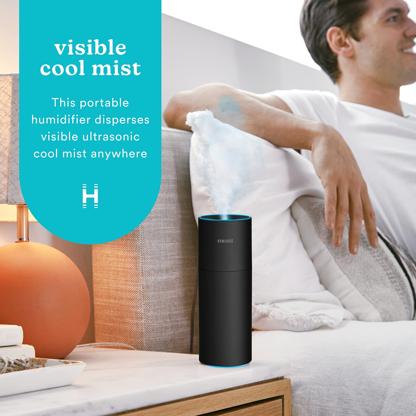 Homedics Portable Humidifier - Small Air Humidifiers for Bedroom, Plants, Office, Travel - Cool Mist Humidifiers, Color-Changing Accent Light, 2 Mist Settings, Black