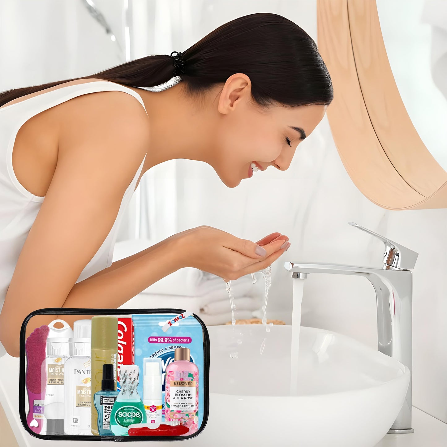 Womens Travel Toiletry Kit, 10 Travel-Size Hygiene Essentials for Bath, Shaving, Personal Care in TSA-Compliant Transparent Bag, Mini Toiletries Kit for Business, Charity, Womens Gift