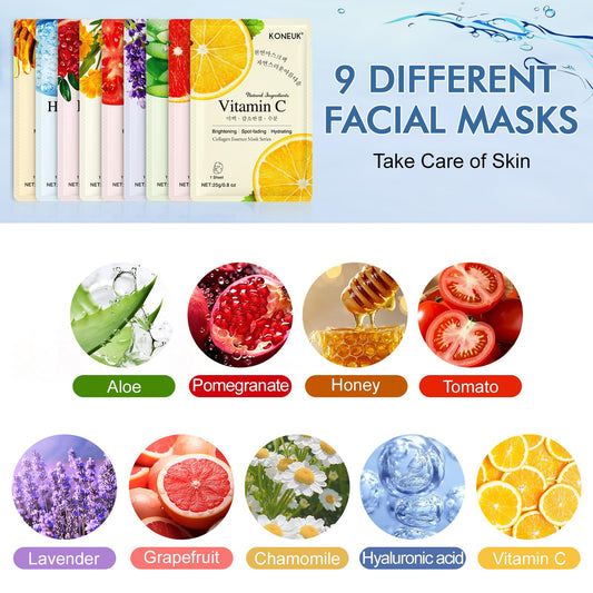 KONEUK 9 Pack Collagen Face Masks Skincare for Women, Hydrating Sheet Face Masks Suitable for All Skin Types, Bulk Facial Masks for Women Skin Care, Face Mask Gifts Set for Spa Party