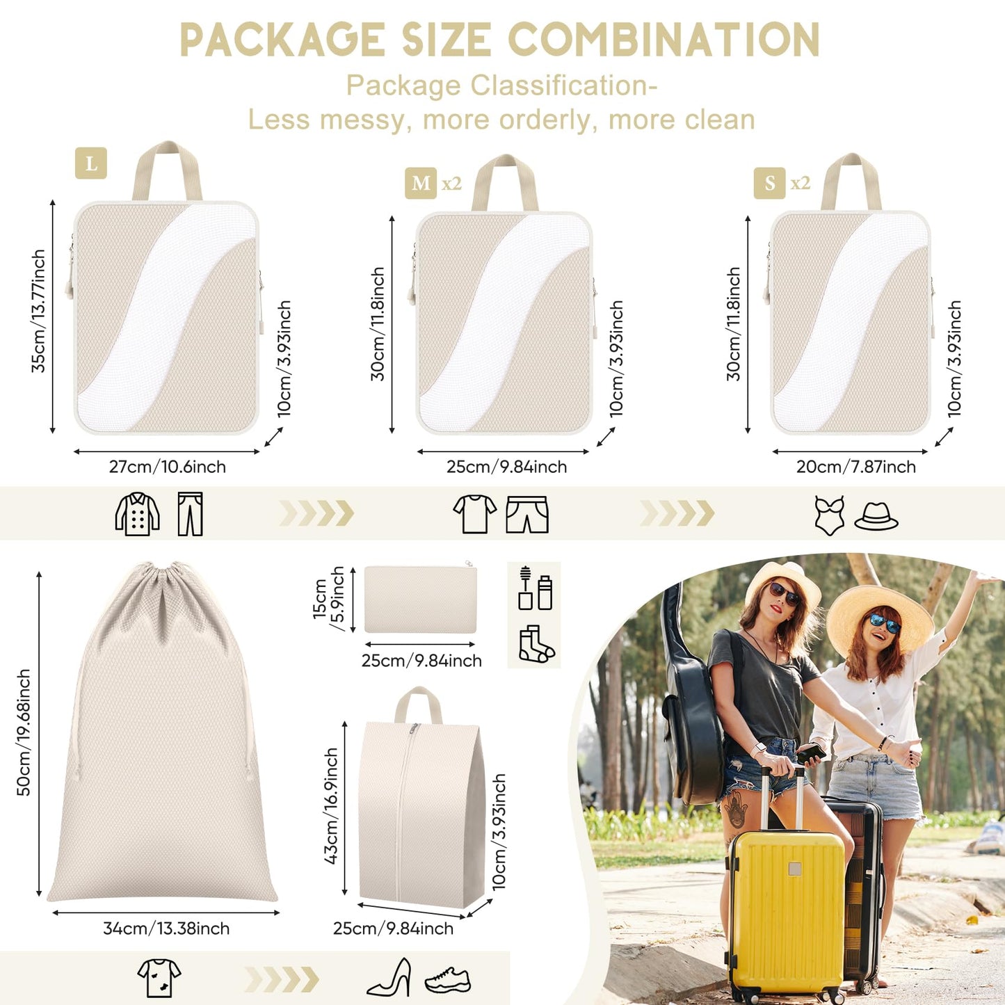 8 Set Compression Packing Cubes Travel, Expandable Travel Cubes for Carry on Luggage, Suitcase Organizer Compression Bags for Travel Essentials, Beige