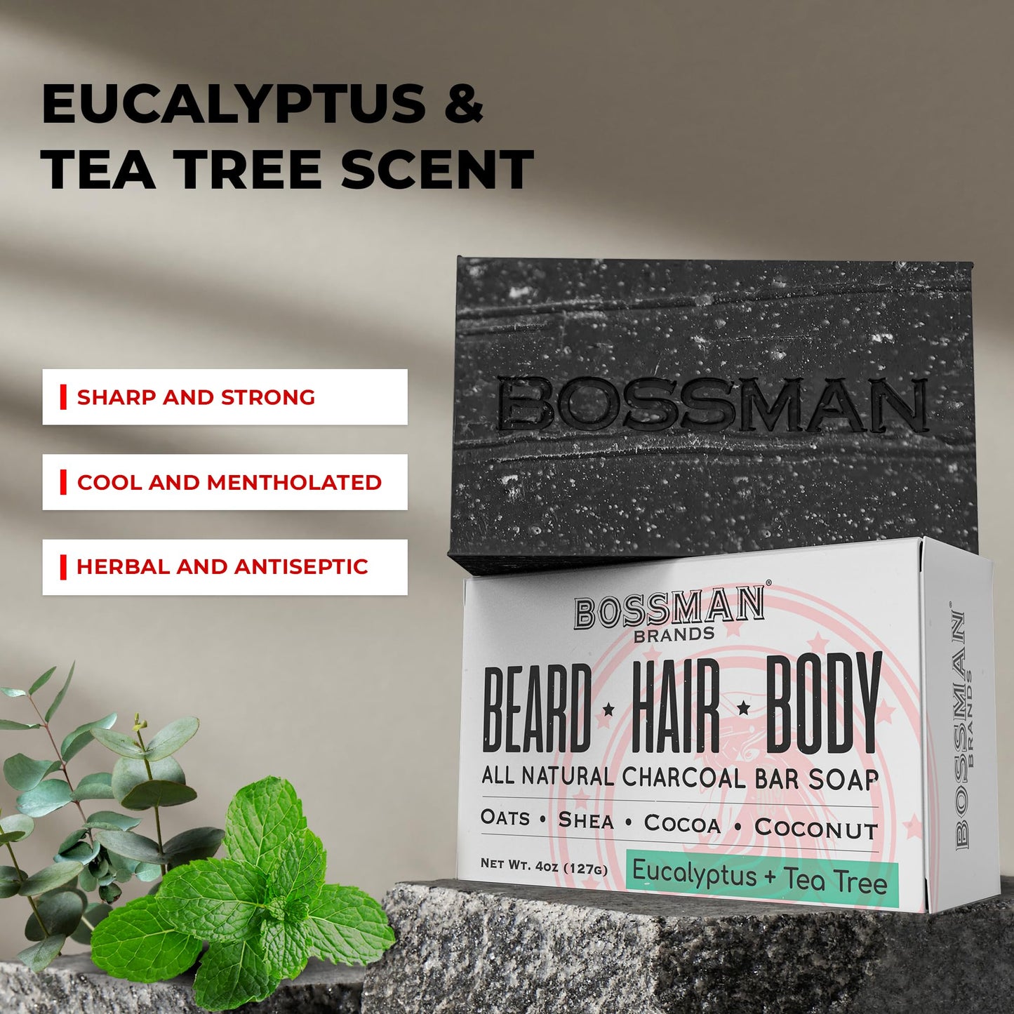Bossman 4-in-1 Bar Soap for Men (4 oz) – All-Natural Beard Wash, Shampoo, Body Wash & Shaving Soap – Eucalyptus & Tea Tree Scent