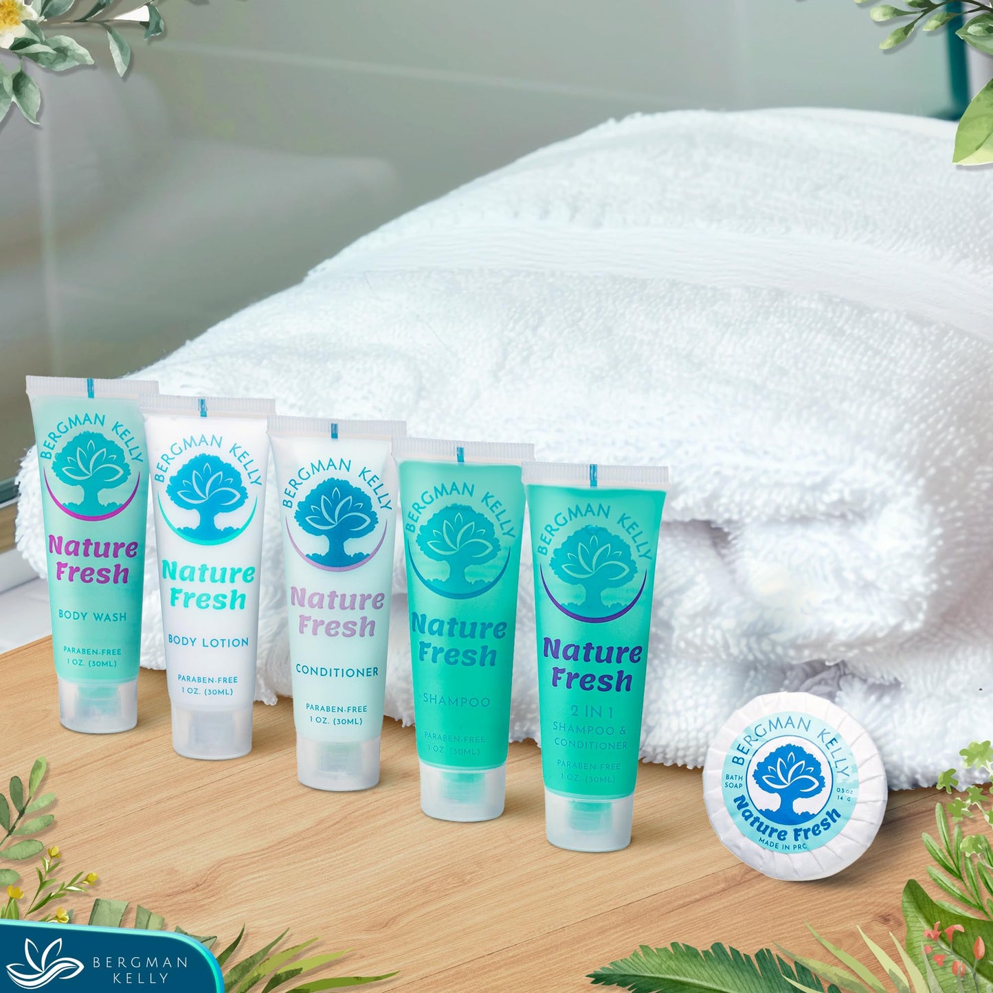 BERGMAN KELLY Round Soap Bars, 2in1 Shampoo & Conditioner 2-Piece Set (Nature Fresh, 1 oz each, 100 pc), Delight Your Guests with Refreshing & Soothing Hotel Amenities & Bulk Toiletries