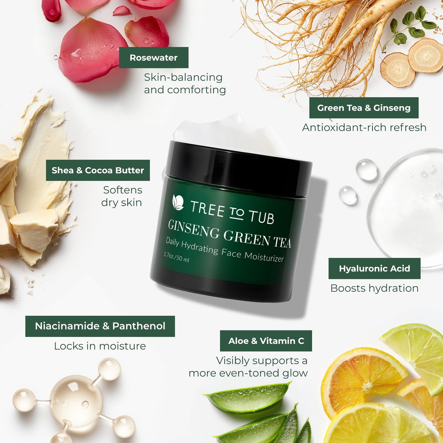 Tree to Tub Hydrating Face Moisturizer for Dry & Sensitive Skin - Water Based Hyaluronic Acid Facial Moisturizer, Moisturizing Face Cream for Women & Men w/Organic Aloe, Green Tea, Natural Ginseng