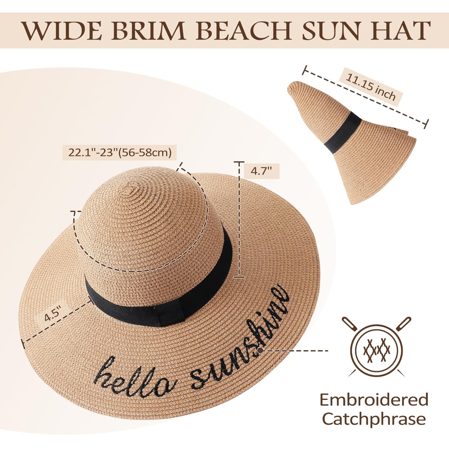 Beach Sun Hats for Women, Wide Brim Straw Hat for Women, Womens Sun Hat UPF 50+ UV Protection, Summer Hats Packable Foldable Roll up Cap
