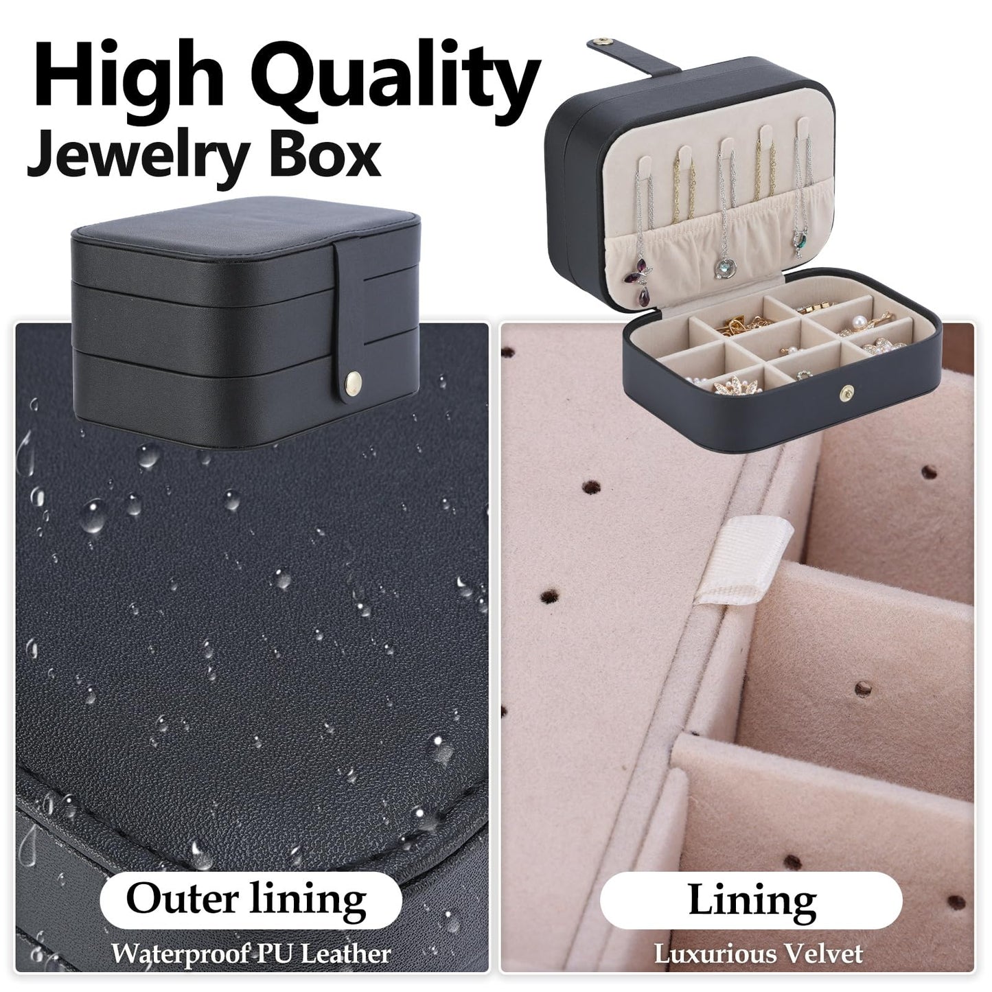 KJroom Travel Jewelry Case with LED Lighted Mirror, Portable Travel Jewelry Organizer, 2-Layer Jewelry Box for Earrings Necklace Bracelet Rings, Birthday Gifts for Women Girls Kids (Black)