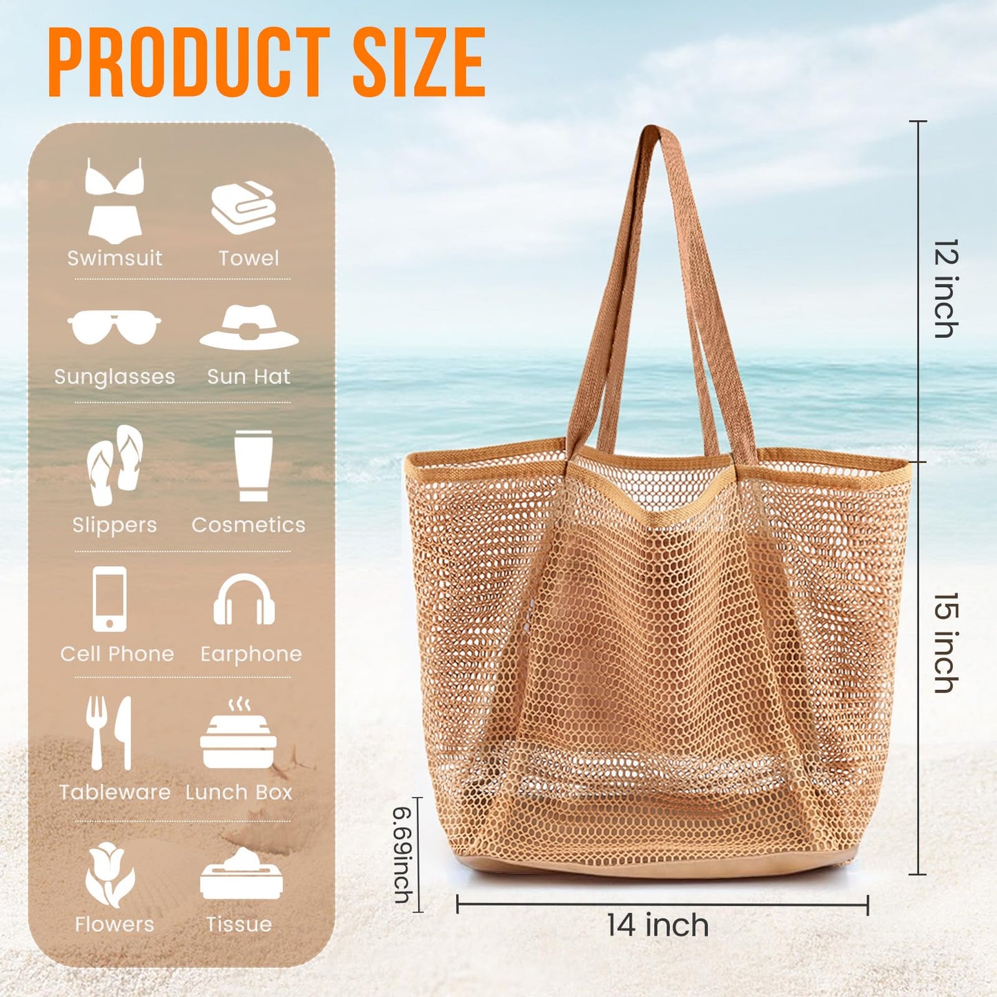 HOHOM Beach Bags for Women, Summer Travel Mesh Tote Bag with Large Inner Pocket, Sandproof Woven Shoulder Handbag Swim Pool Bag, Suit for Family Vacation Essentials