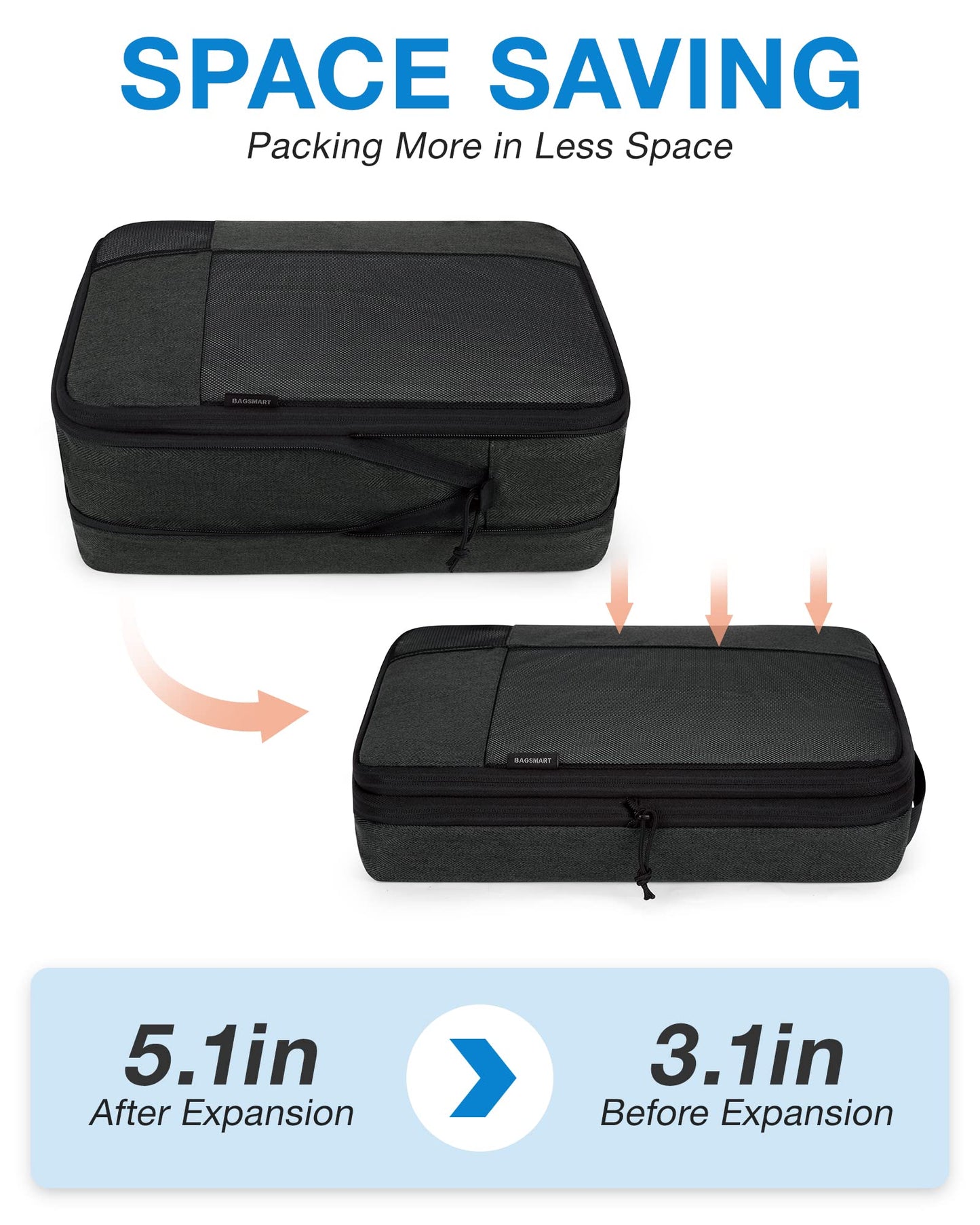 BAGSMART Compression Packing Cubes for Travel, 6 Set Packing Cubes for Carry on Suitcases, Compression Travel Cubes & Suitcase Organizer for Packing with Shoe Bag Black