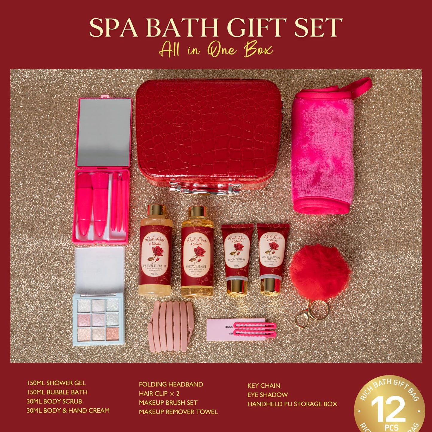 Birthday Gifts for Women Teens Girls, Spa Gift Set, Bath Gift Set for Women, 12 Pcs Rose Vanilla Bath Set, Self Care gifts Bag Makeup Cosmetic Bag, Spa Kit for Teenage Gifts, Daughter Gift Set