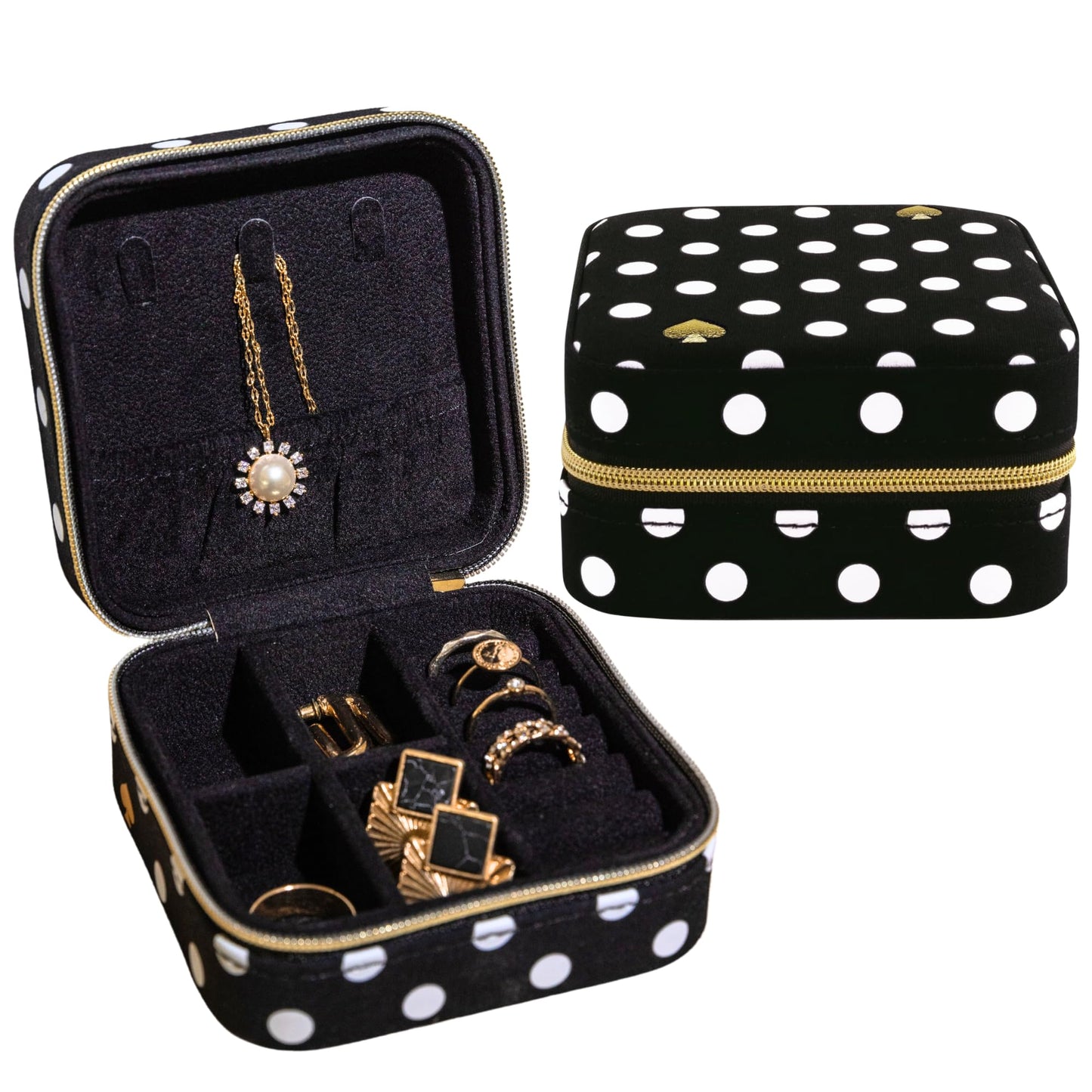 kate spade new york Small Travel Jewelry Case, Black Dotted Jewelry Box to Organize Rings, Necklaces, Earrings, Polka Dot