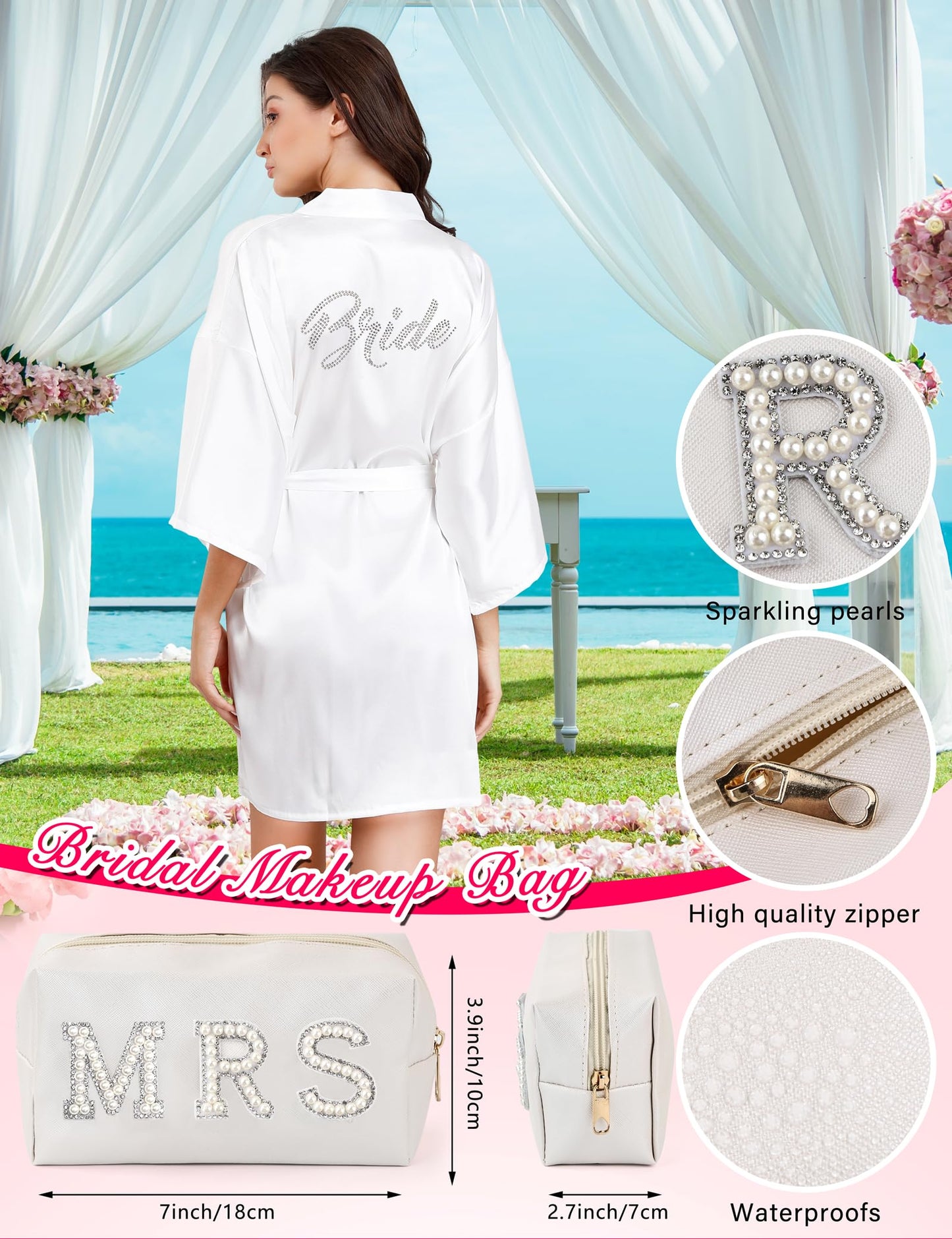 ALHAVONE 6 Pcs Women Bride Robe with Accessories for Bride Bachelorette Party Engagement Honeymoon Bridal Shower Gift (White, LXL)