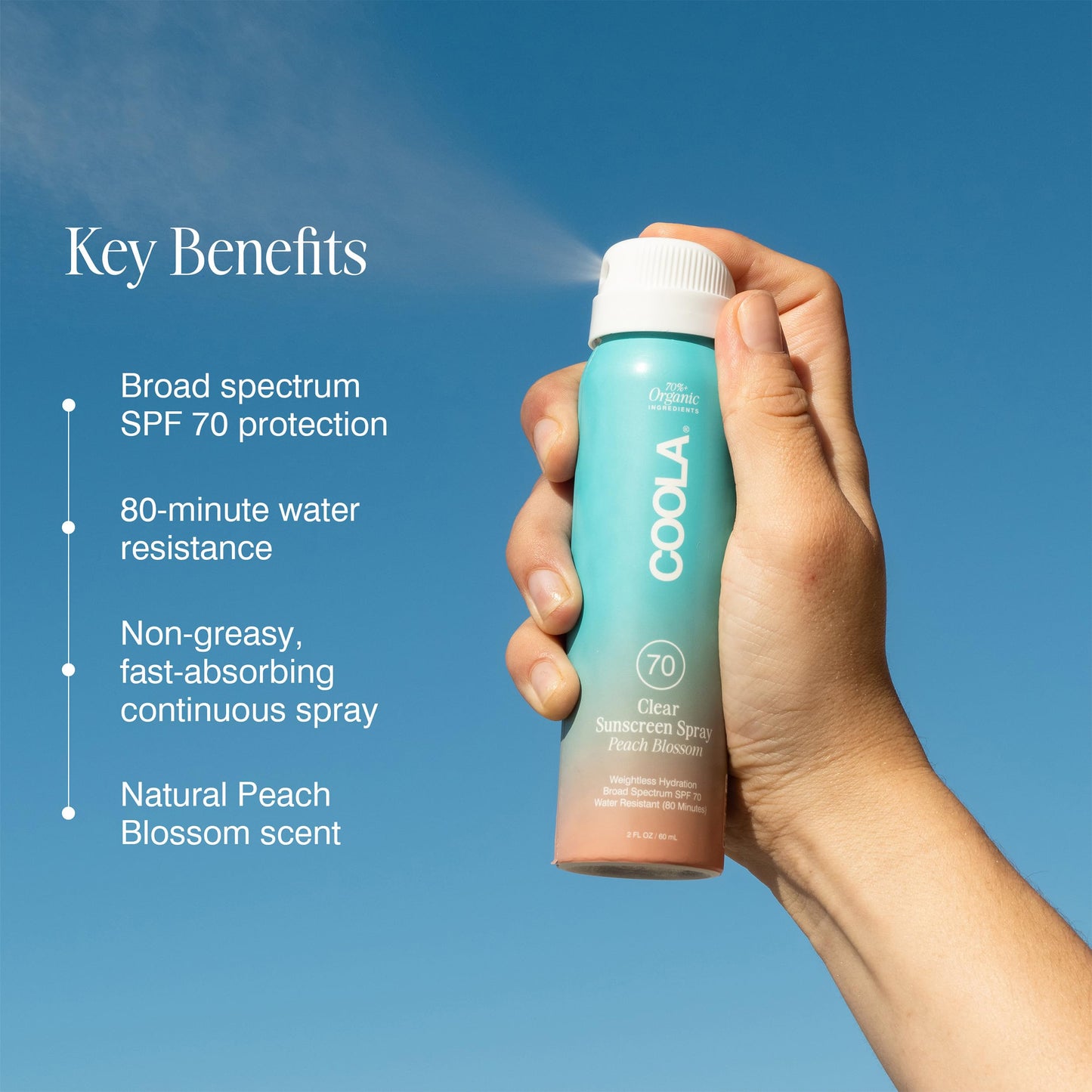 COOLA Organic Sunscreen SPF 70 Sunblock Spray, Dermatologist Tested Skin Care for Daily Protection, Vegan and Gluten Free, Peach Blossom, 2 Fl Oz
