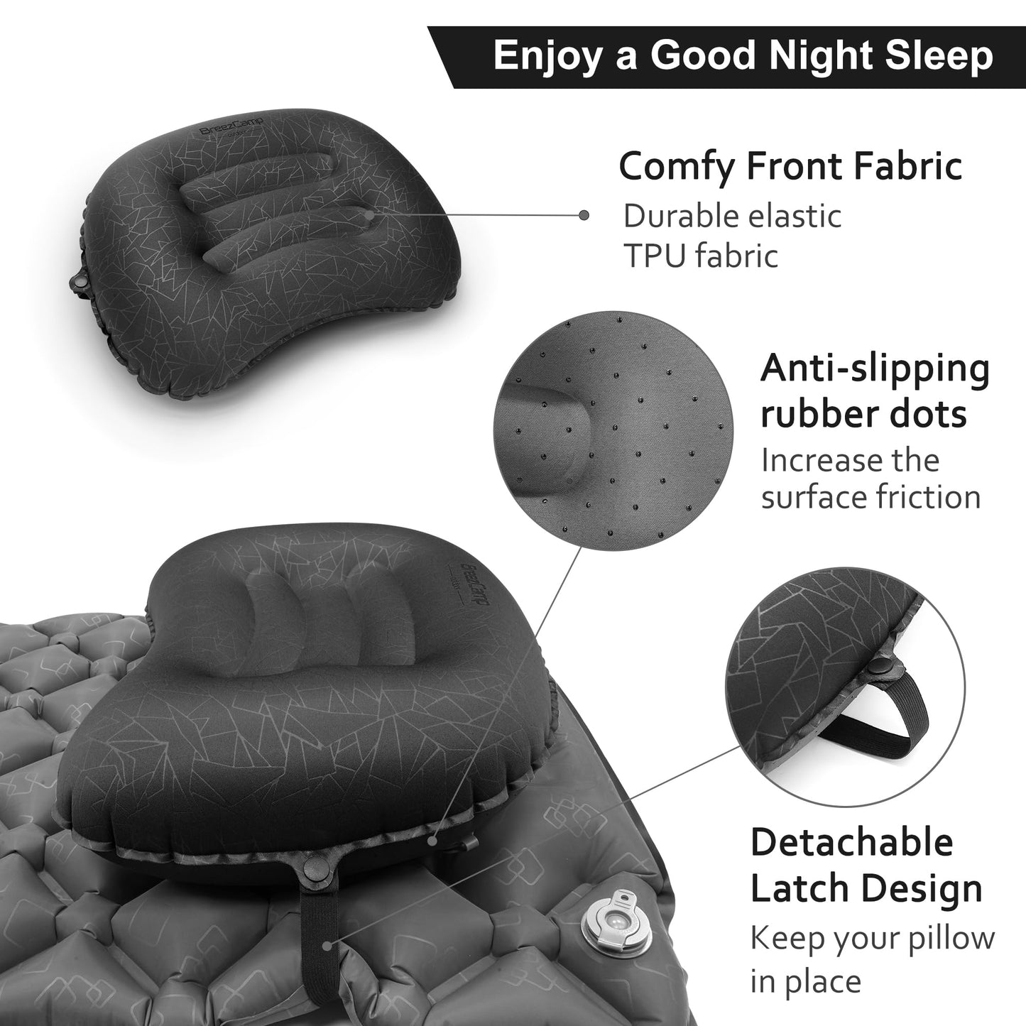 BreezCamp Inflatable Camping Pillow, Travel Blow Up Air Pillow, Neck Lumbar Support Ultralight Compact Pillow for Outdoor Hiking Backpacking Car Beach Airplane Sleeping Essentials, Black