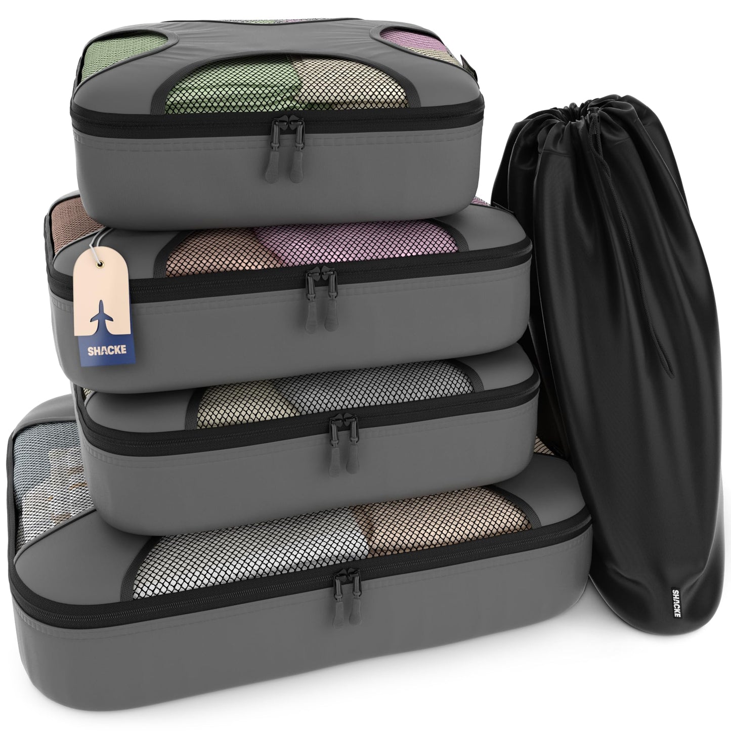 Shacke Premium 5 Packing Cubes Set - Lightweight Mesh Travel Luggage Organizers with Laundry Bag, 5-Piece Suitcase Storage System (Dark Grey)