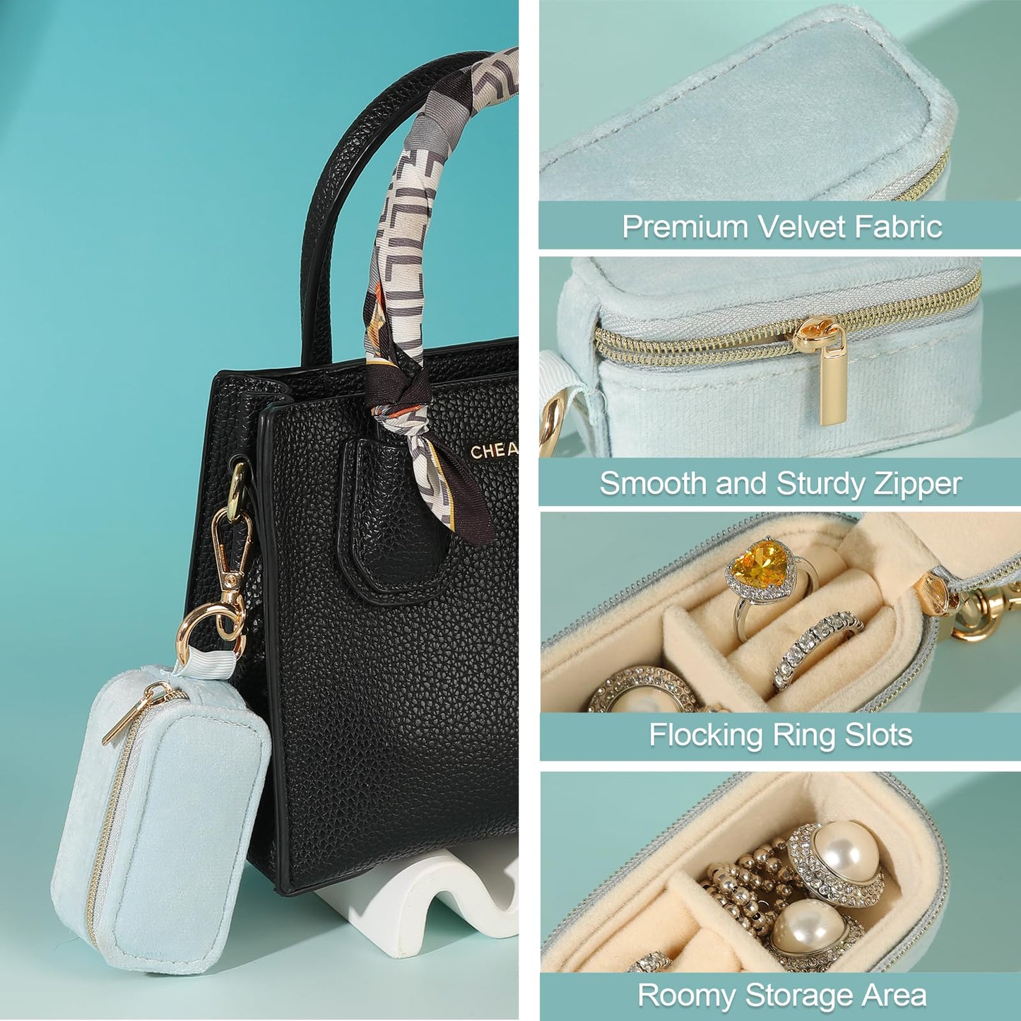 KEVANCHO Small Travel Jewelry Box Keychain, Portable Storage Ring Necklace Earrings Holder Case Organizer Gift for Women (Blue)