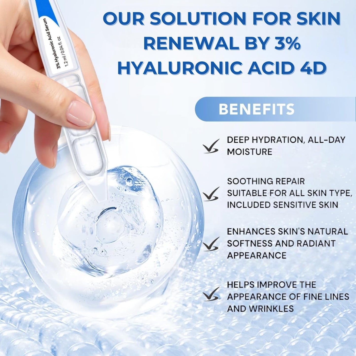 3% Hyaluronic Acid Serum, 4D Hyaluronic Acid Serum Ultra-Hydrating Vials, Hylunaric Acid Non-Greasy, Fast Absorption, Intensive Moisturizing, Deep Hydration & Smoothing (1 Box of 30 tubes)