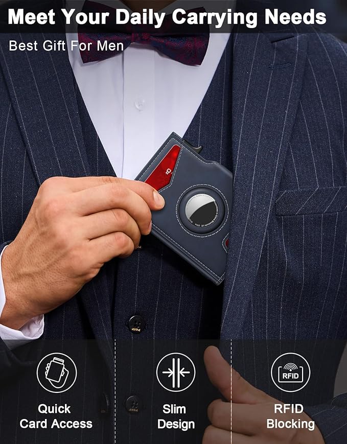 Airtag Wallet for Men, Minimalist Slim Mens Wallet Smart Pop Up Credit Card Holder for 9-13 Cards, RFID Blocking Wallet with ID Window & Cash Slot, Compact Bifold Metal Aluminum Card Case