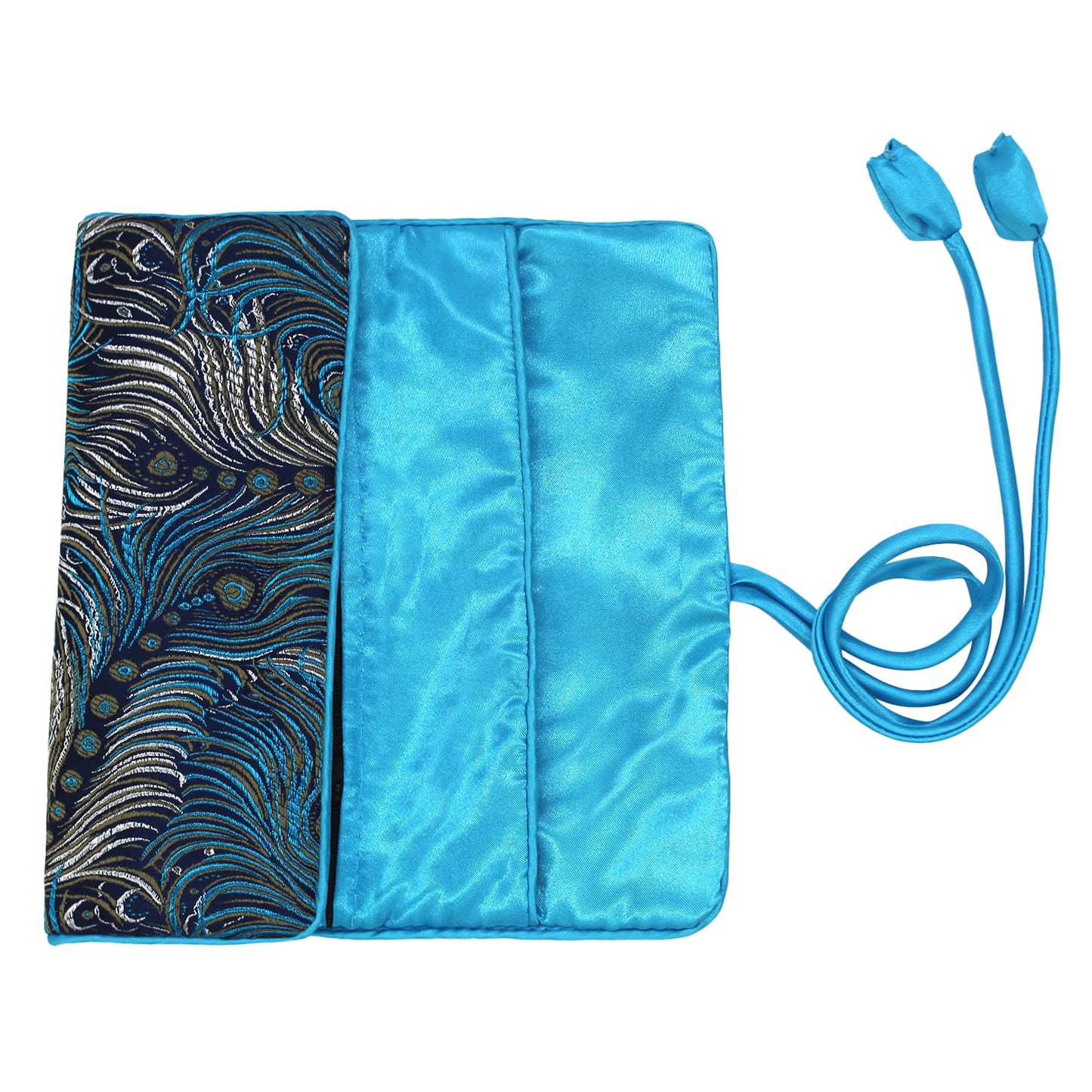 Wei Long@Jewelry Roll, Travel Jewelry Roll Bag,Silk Embroidery Brocade Jewelry Organizer Case with Tie Close, (Peacock,Blue)