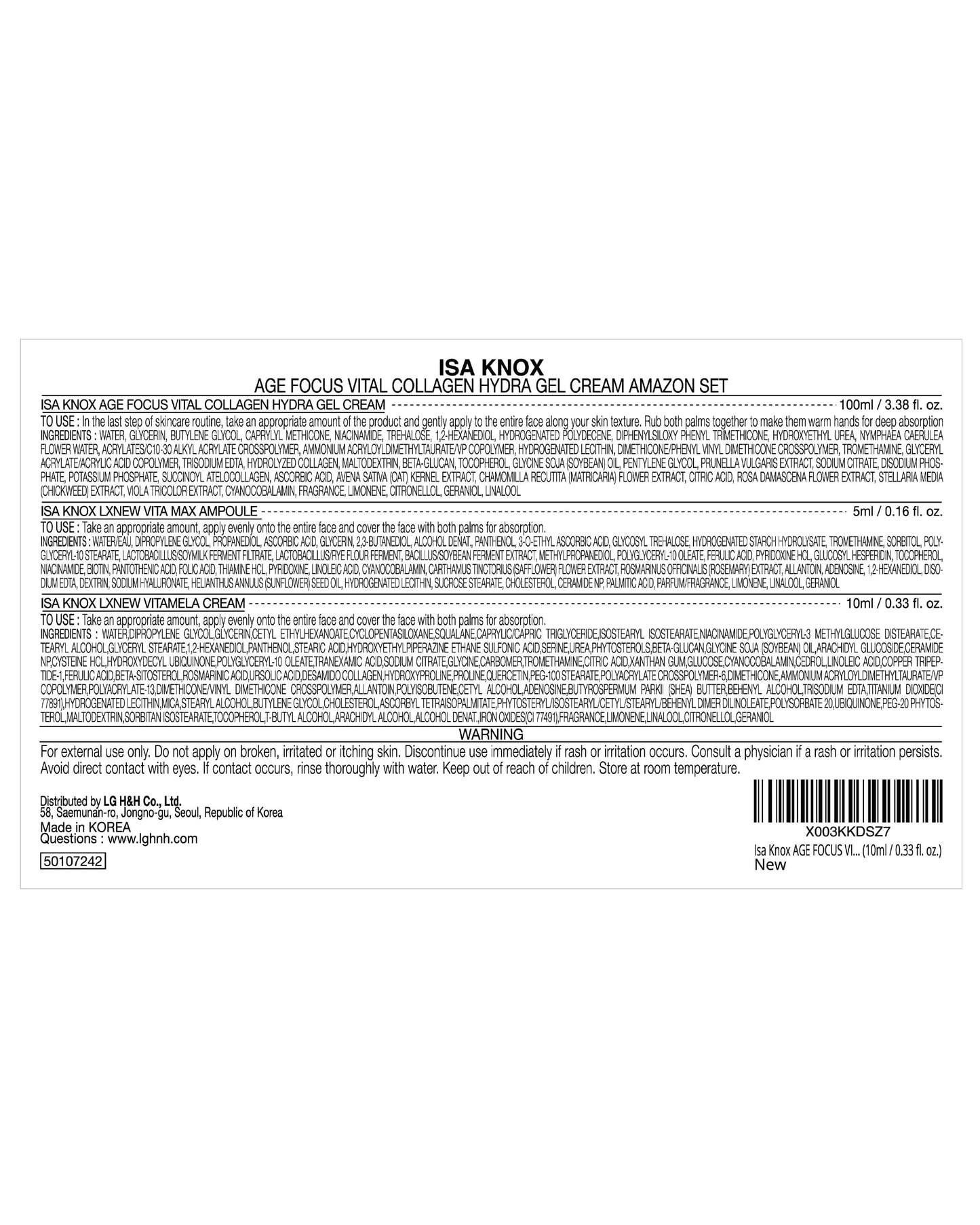 ISA KNOX AGE FOCUS VITAL COLLAGEN Hydra Gel Cream, LXNEW VITA MAX Ampoule, LXNEW VITAMELA Cream (15 ml/3.89 fl oz) - Korean Skin Care by LG Beauty. Vitamins C, B12 & E.