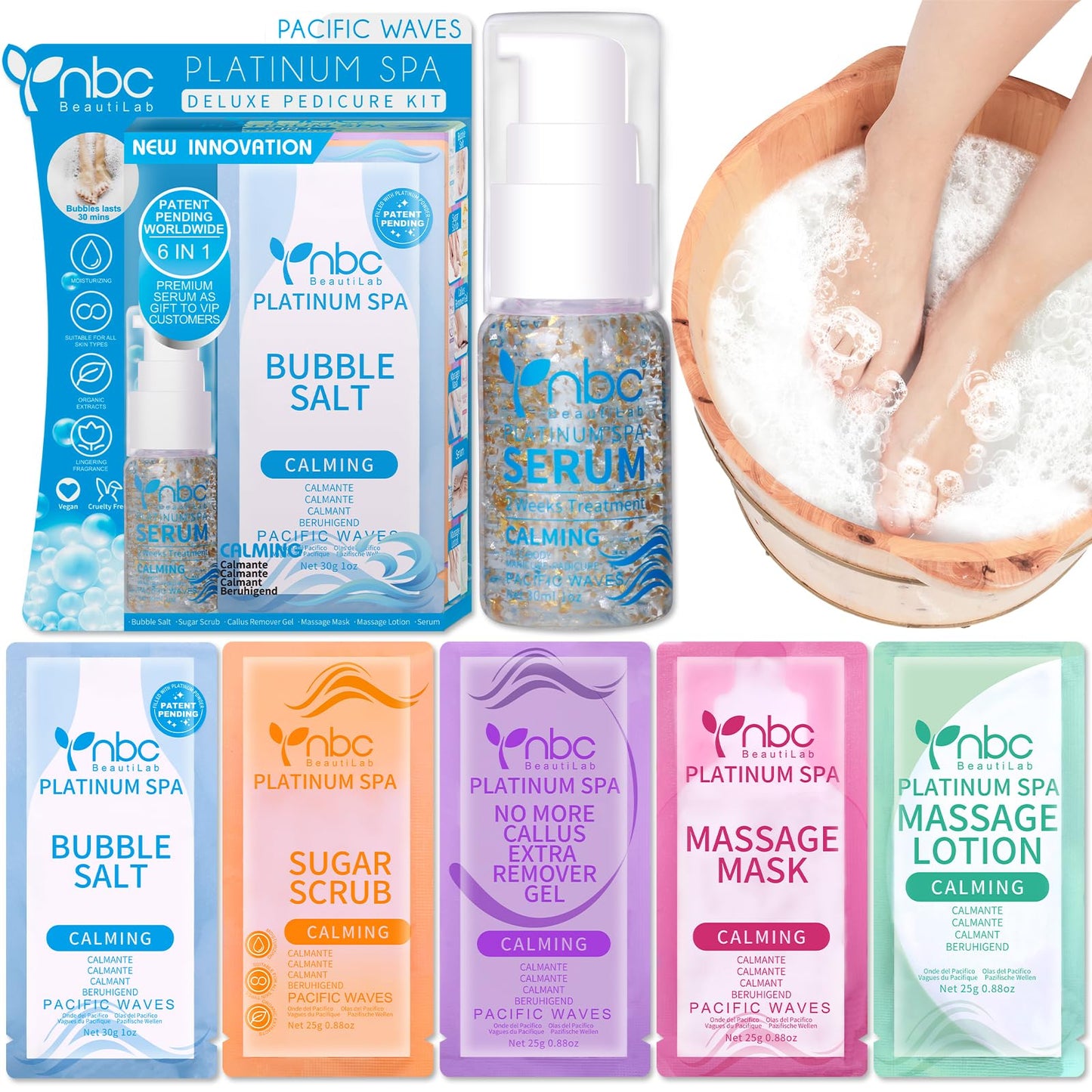 nbc BeautiLab Pedicure Foot Soak Set - Upgraded 6 in 1 Foot Spa, Foot Bath Spa, Pedicure Kit, Foot Soak for Tired & Dry Cracked Feet, Athletes Feet and Calluses (Pacific Waves)
