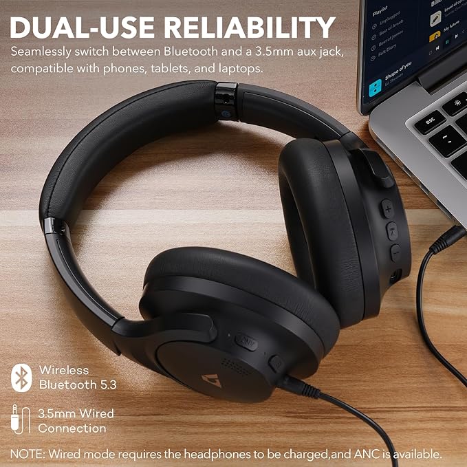1Mii Y8 Active Noise Cancelling Headphones, Wireless Headphones Over Ear Bluetooth 5.3, LDAC Hi-Res Audio,75H Playtime with Transparent Mode for Work/Travel/Home/Office-Black