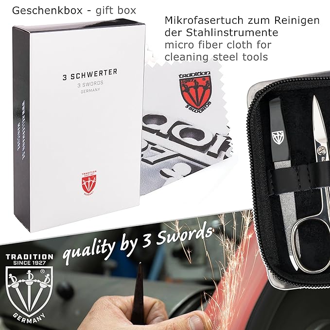 3 Swords Germany - brand quality 6 piece manicure pedicure kit set for professional finger & toe nail care with leather case - Made in Germany - black genuine leather