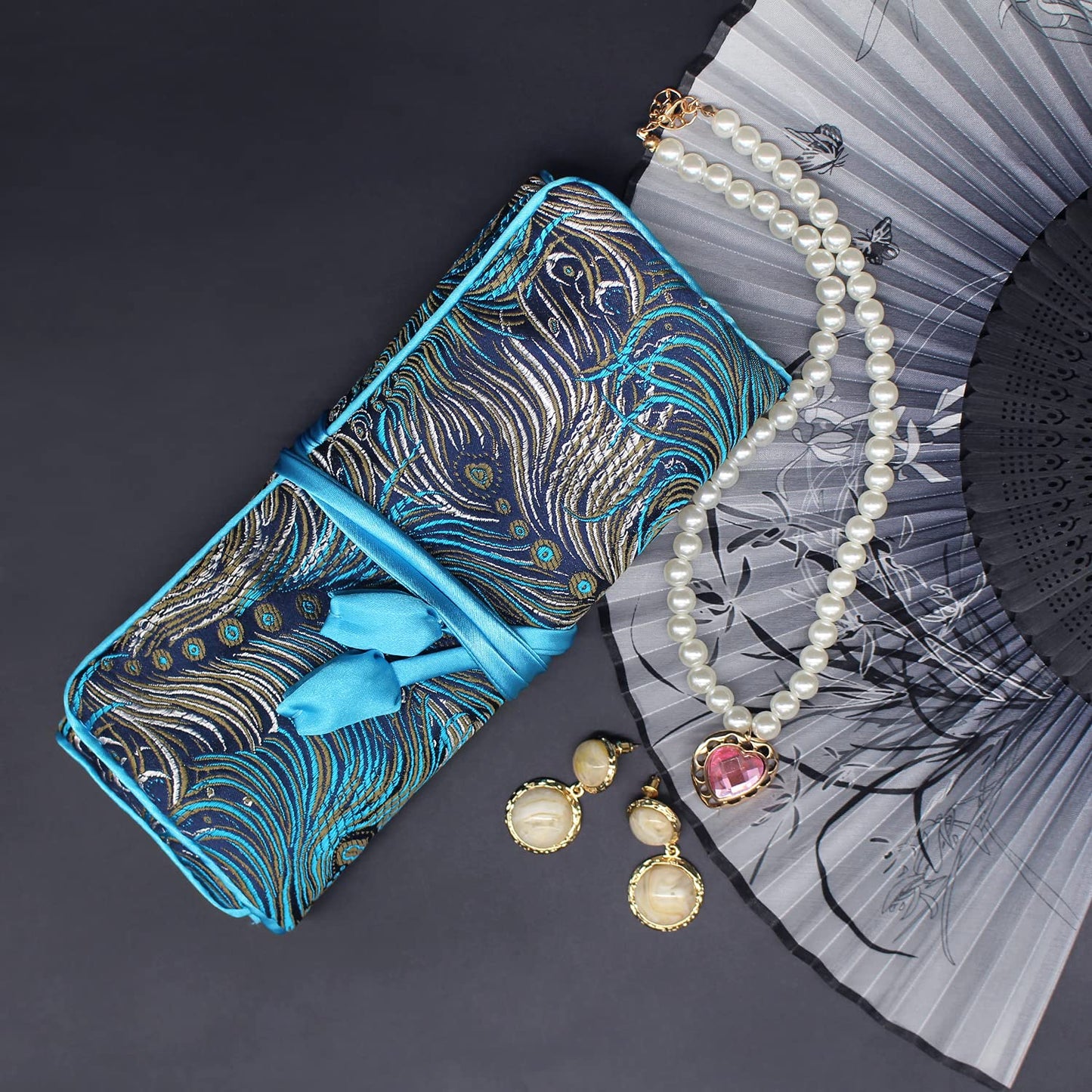 Wei Long@Jewelry Roll, Travel Jewelry Roll Bag,Silk Embroidery Brocade Jewelry Organizer Case with Tie Close, (Peacock,Blue)