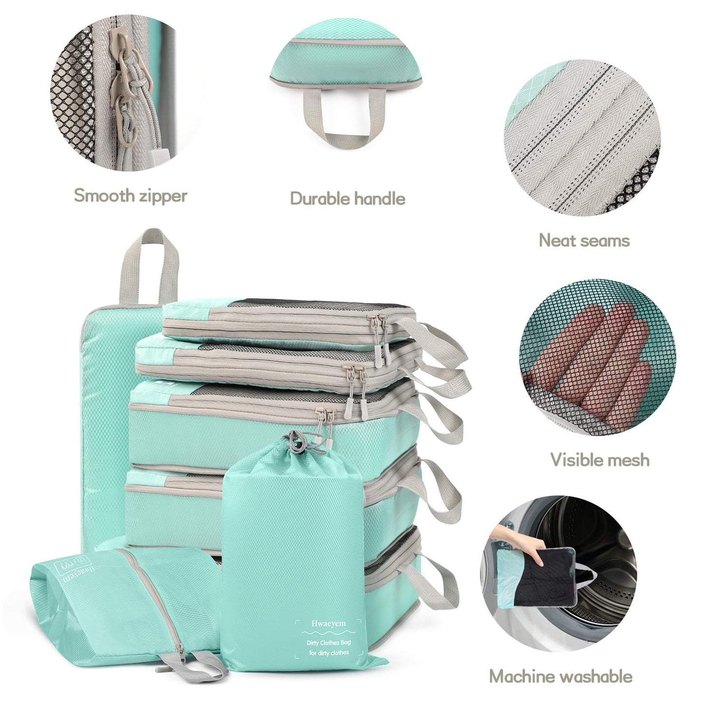 HWAEYEM Compression Packing Cubes 8 Set, Dual Zipper Compression Packing Cubes for Travel, See-Through Mesh Packing Bags for Suitcases, packing cubes with shoe bag