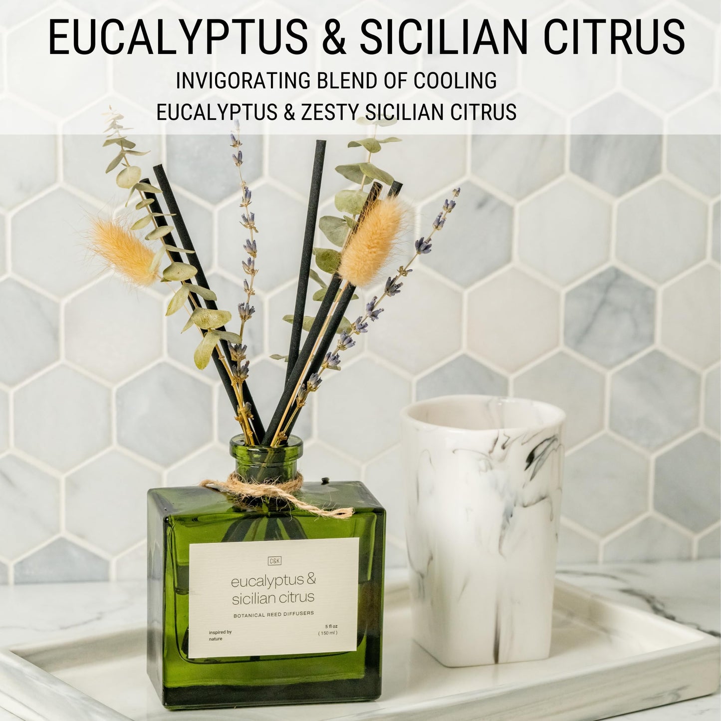 Craft & Kin Reed Diffuser with Dried Flowers | 5 oz Sicilian Citrus & Eucalyptus Scented Fall Reed Diffusers for Home, Bathroom | Scent Sticks | Elegant Fragrance Home Decor for Men & Women