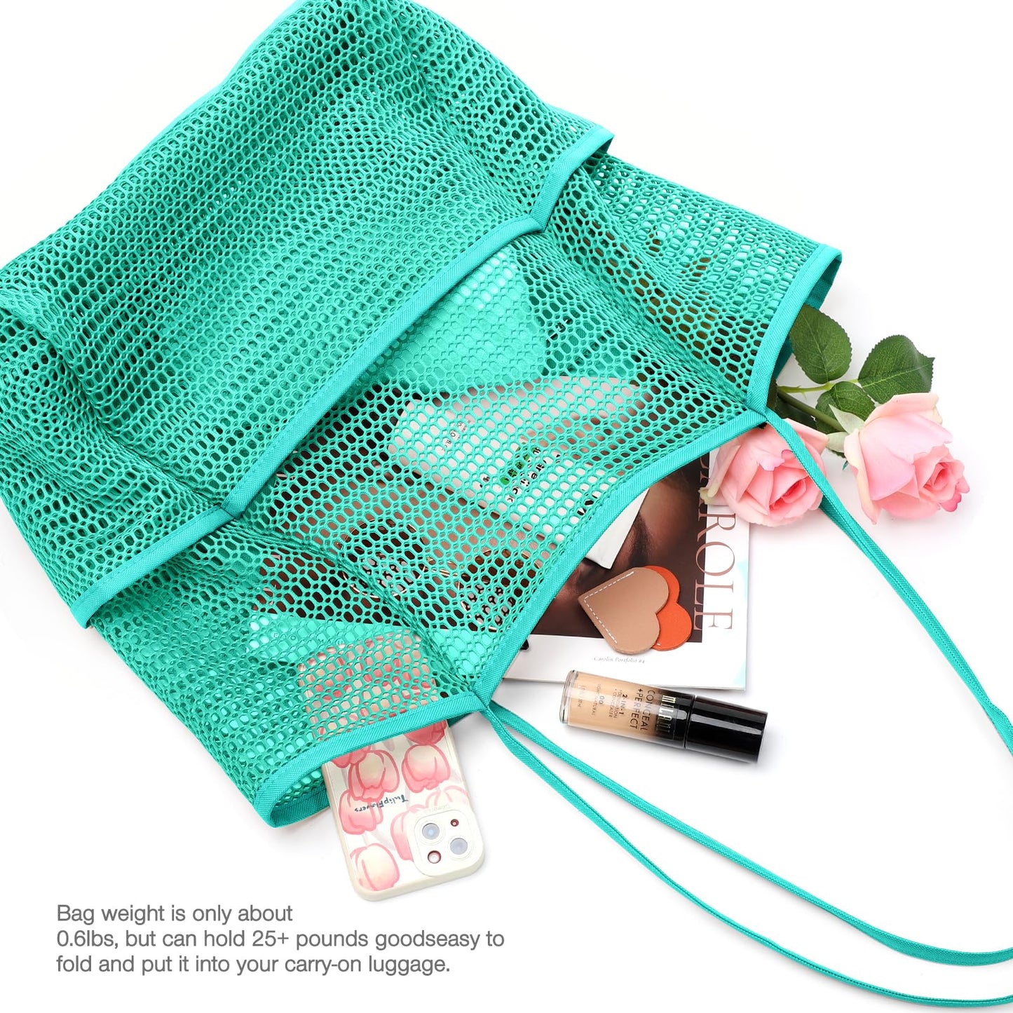 KPX Beach Bag with Mini Pocket, Beach Tote Bags for Women Large Foldable Mesh Swimming Pool Travel Bags - Sandproof (Teal)