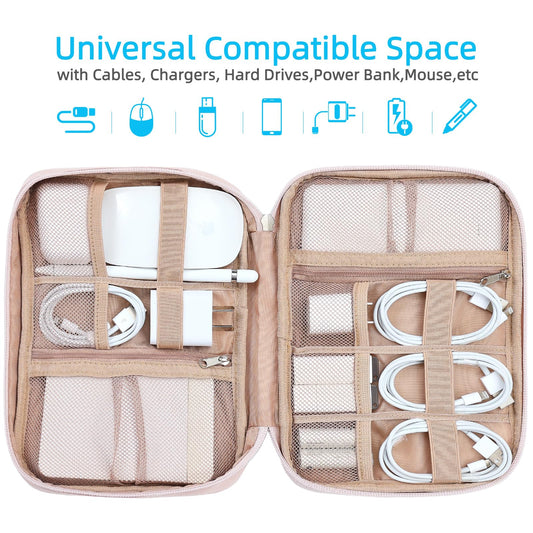 NISHEL Travel Cord Organizer Case, Tech Electronic Bag, Essentials for Charger, Cable, Phone, Hard Drive, USB, SD Card, Pink