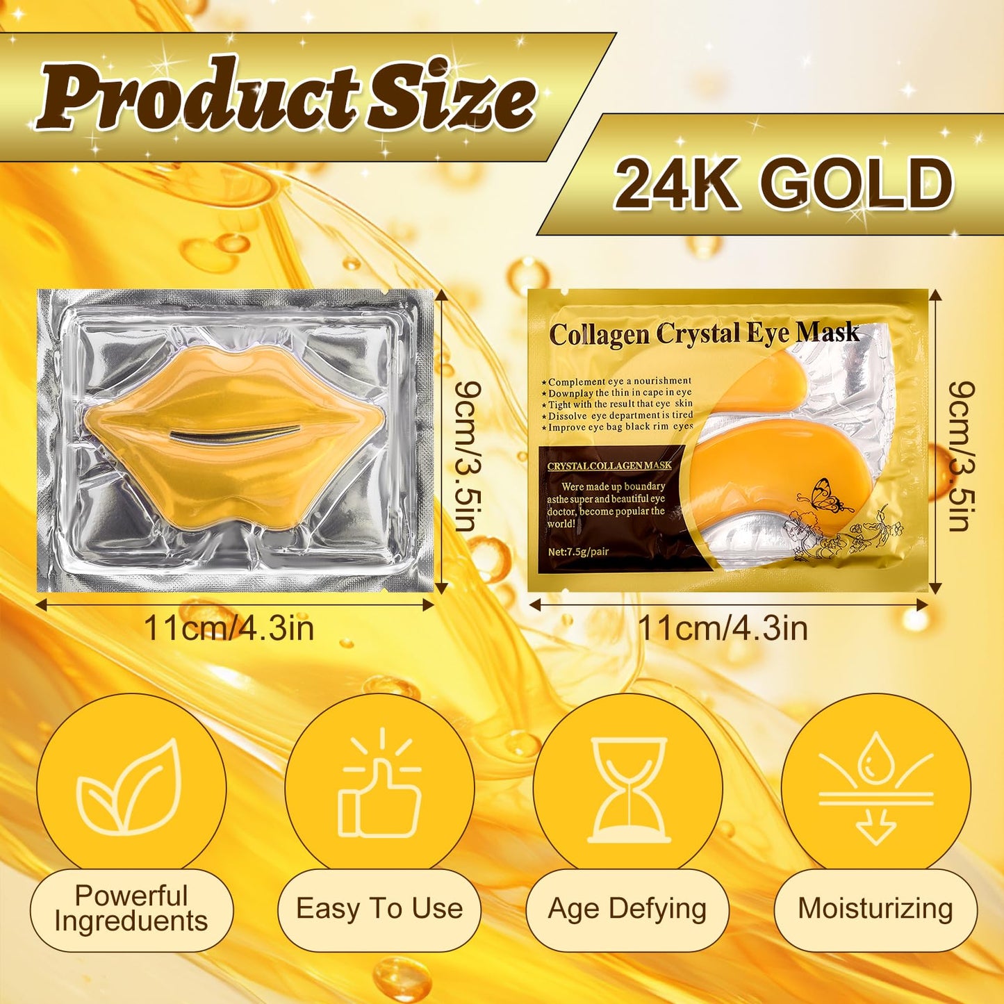 Yihurlm 40 Pcs Lip and Eye Mask Set,Collagen Lip Mask Sheet and Under Eye Patches,Gold Lips Masks Skincare,Gold Gel Crystal Collagen Eye Patches,Moisturizing Reducing Fine Lines & Dark Circle
