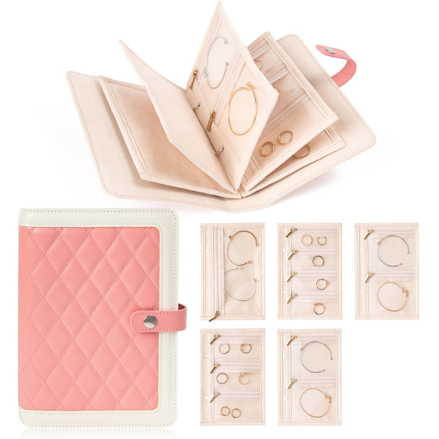 FurUlixty Jewelry Travel Organizer Case -5 Pouch Jewelry Roll for Necklaces, Rings, Earrings Jewelry Storage Ring Binder PU Leather for Women (Beige & Pink)