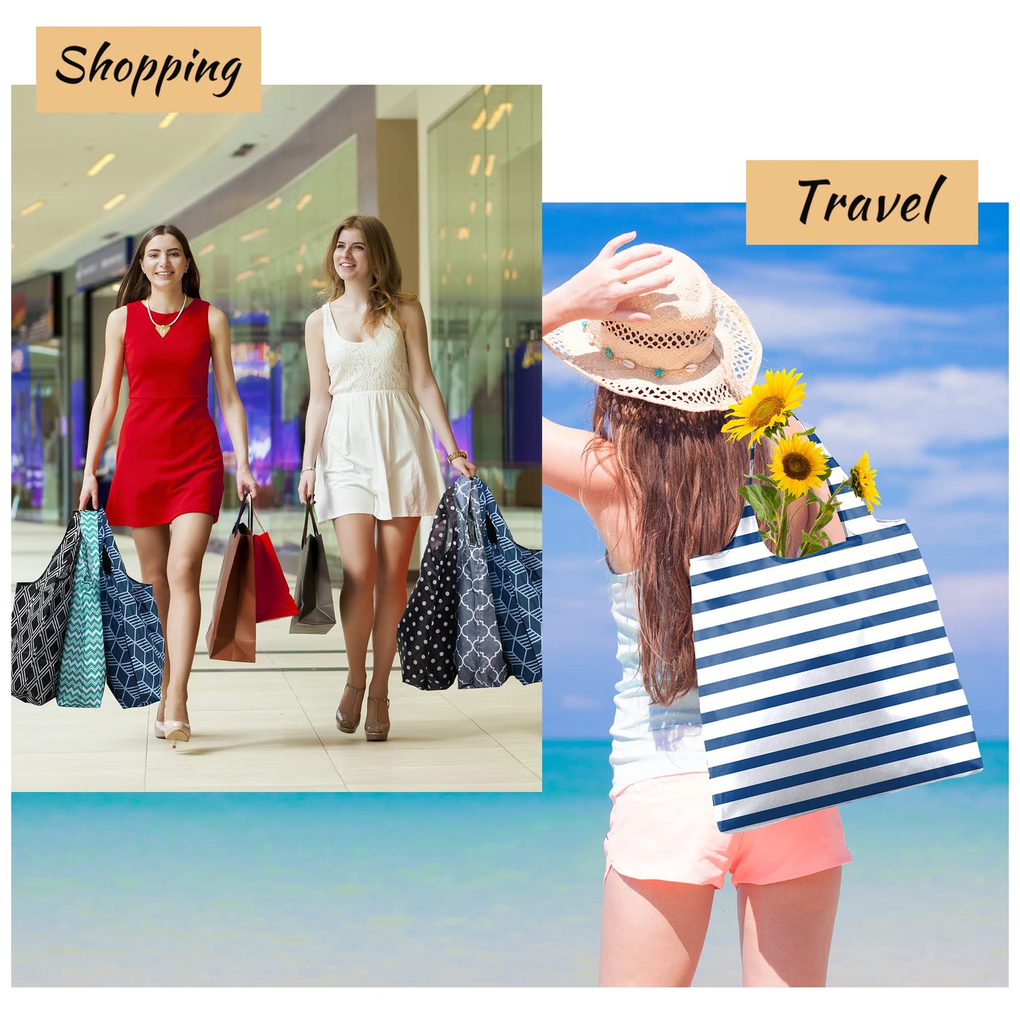 BeeGreen Grocery Bags | Reusable Gift Bags, Large Tote for Women & Foldable Beach Bag - 6 Pack Reusable Bag With Handles | Collapsible Cute Cloth Storage for Market, Holiday & Shopping | Washable