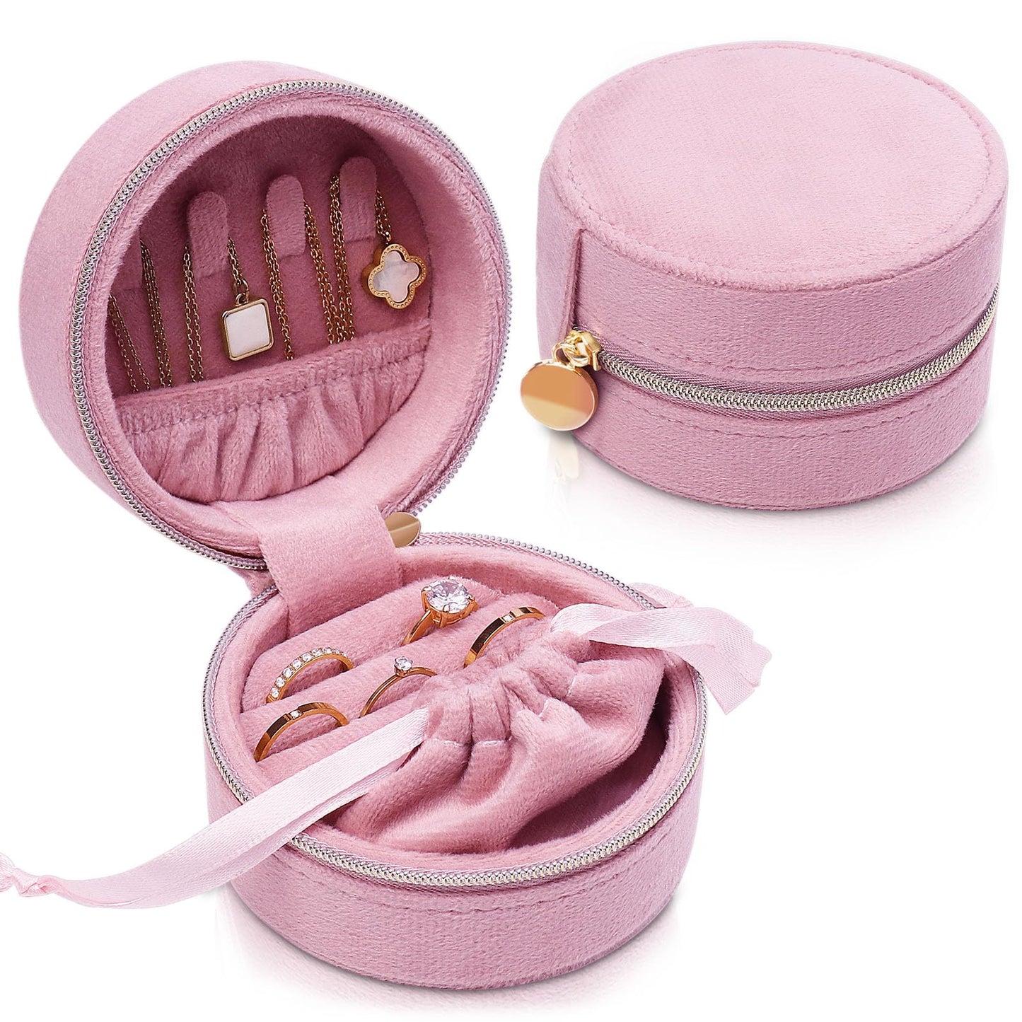CONBOLA Travel Jewelry Case Small Jewelry Box for Women Girls,Round Velvet Mini Jewelry Travel Organizer,Portable Jewelry Box for Rings Earrings Necklaces Bracelets.(Pink,Small)