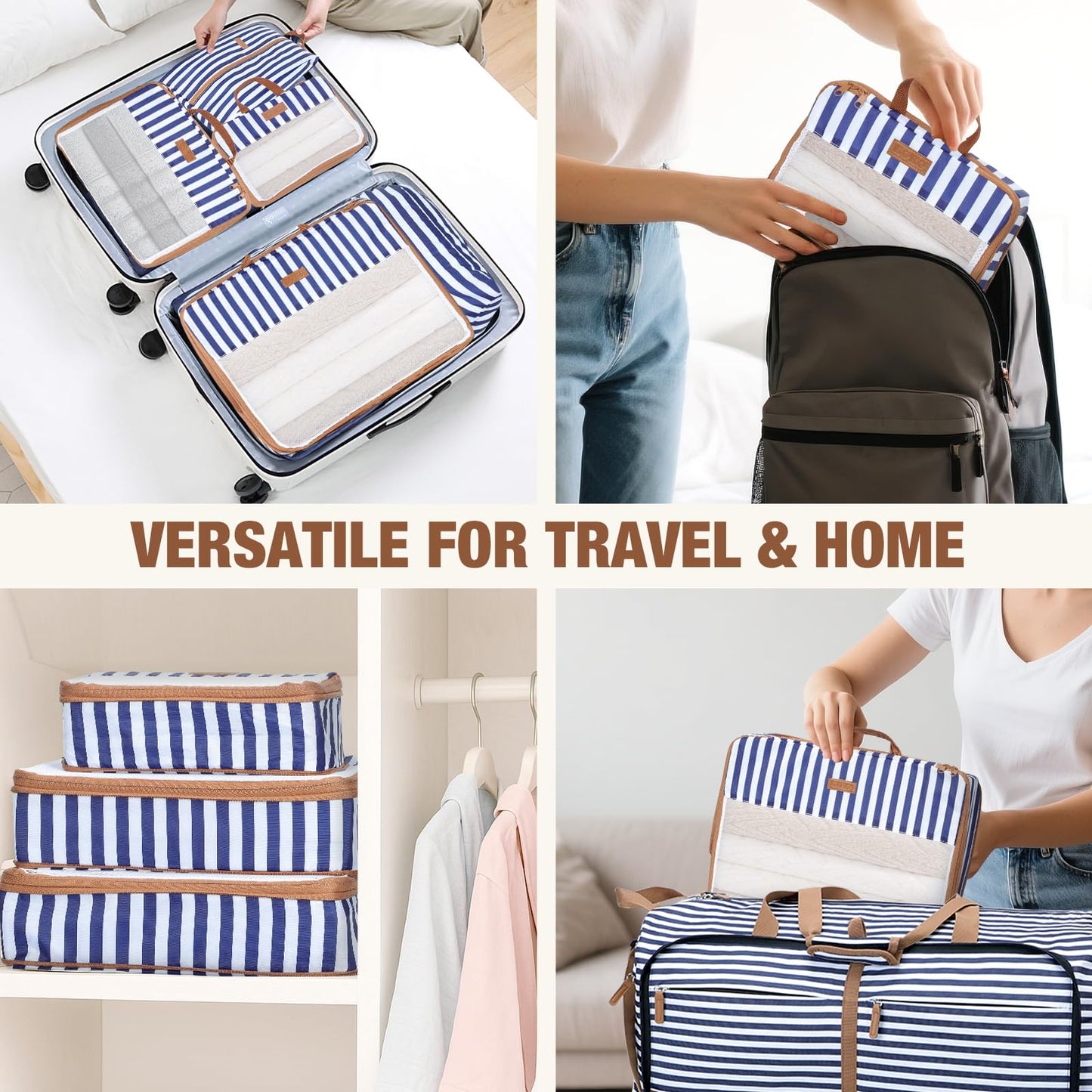 Lekespring Compression Packing Cubes for Travel – 6 Set Organizer Bags for Suitcase with Shoe Bag & Laundry Bag – Compression Travel Essentials for Women